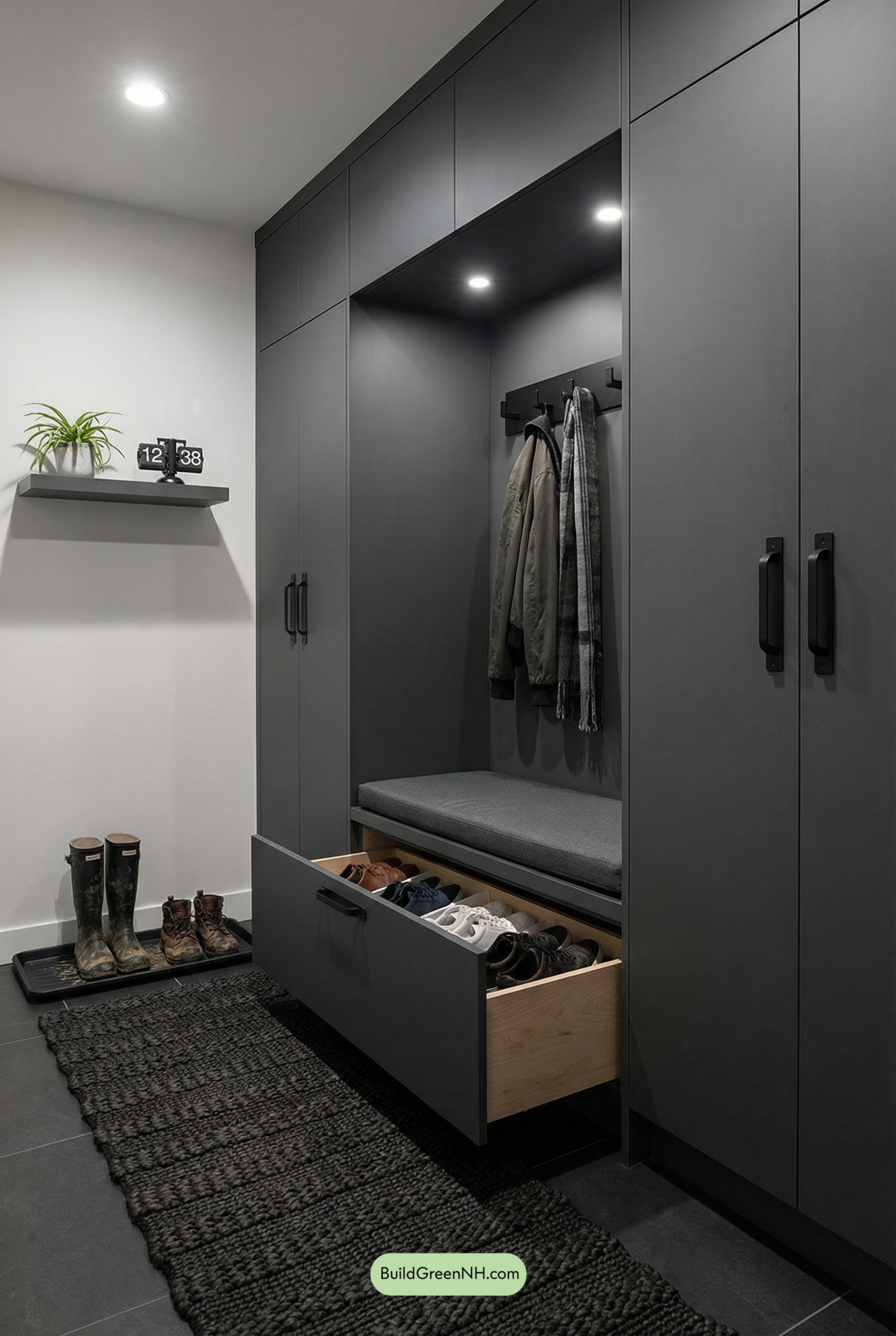 Charcoal Mudroom with Seamless Built-Ins