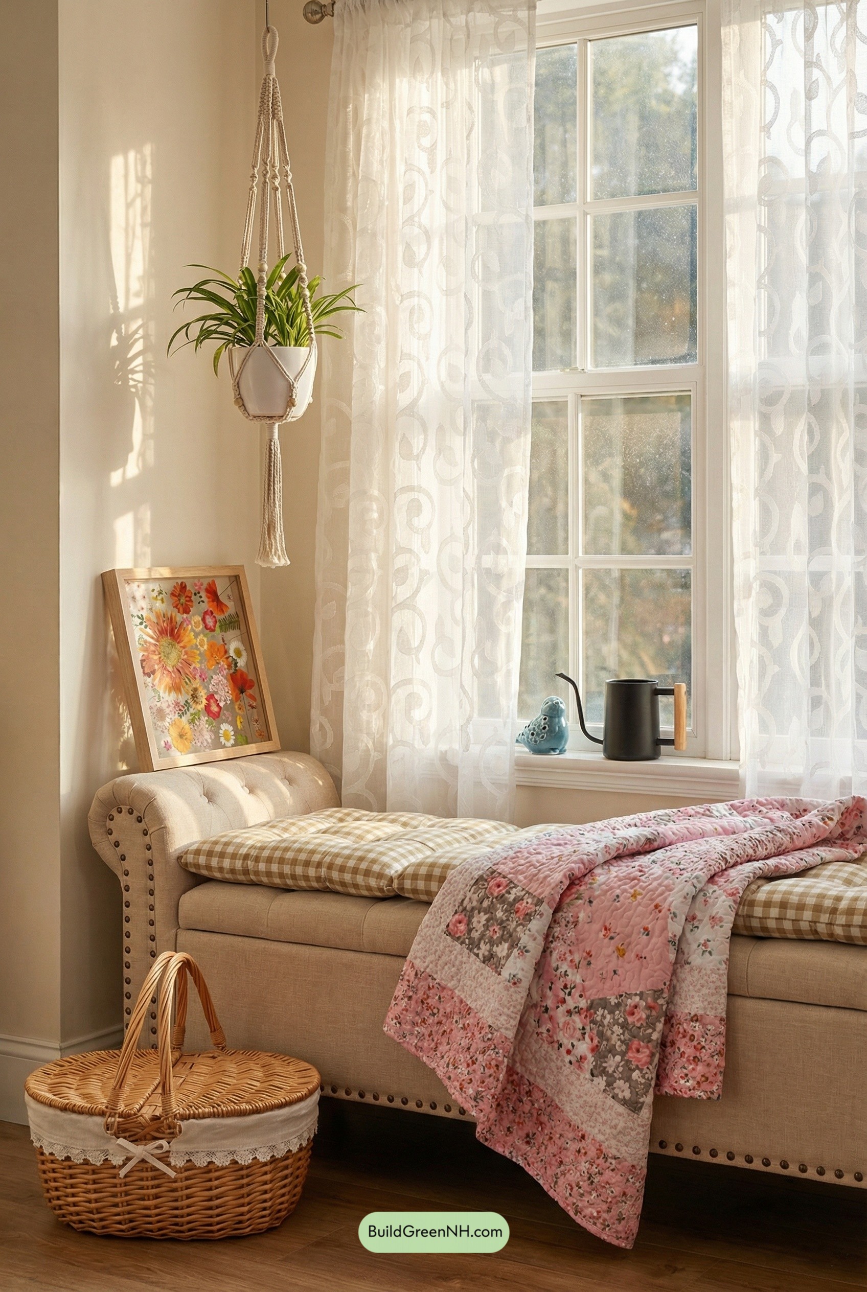 Sunlit Gingham Window Bench Nook