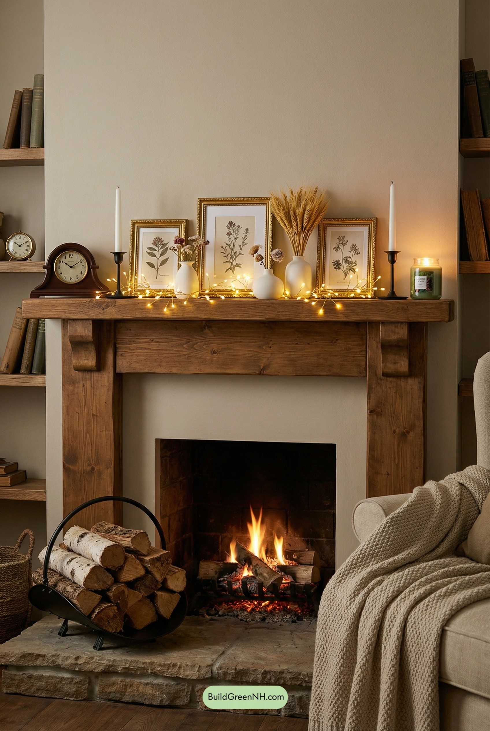 Botanical Mantel, Fairy Lights, Fireside Tales