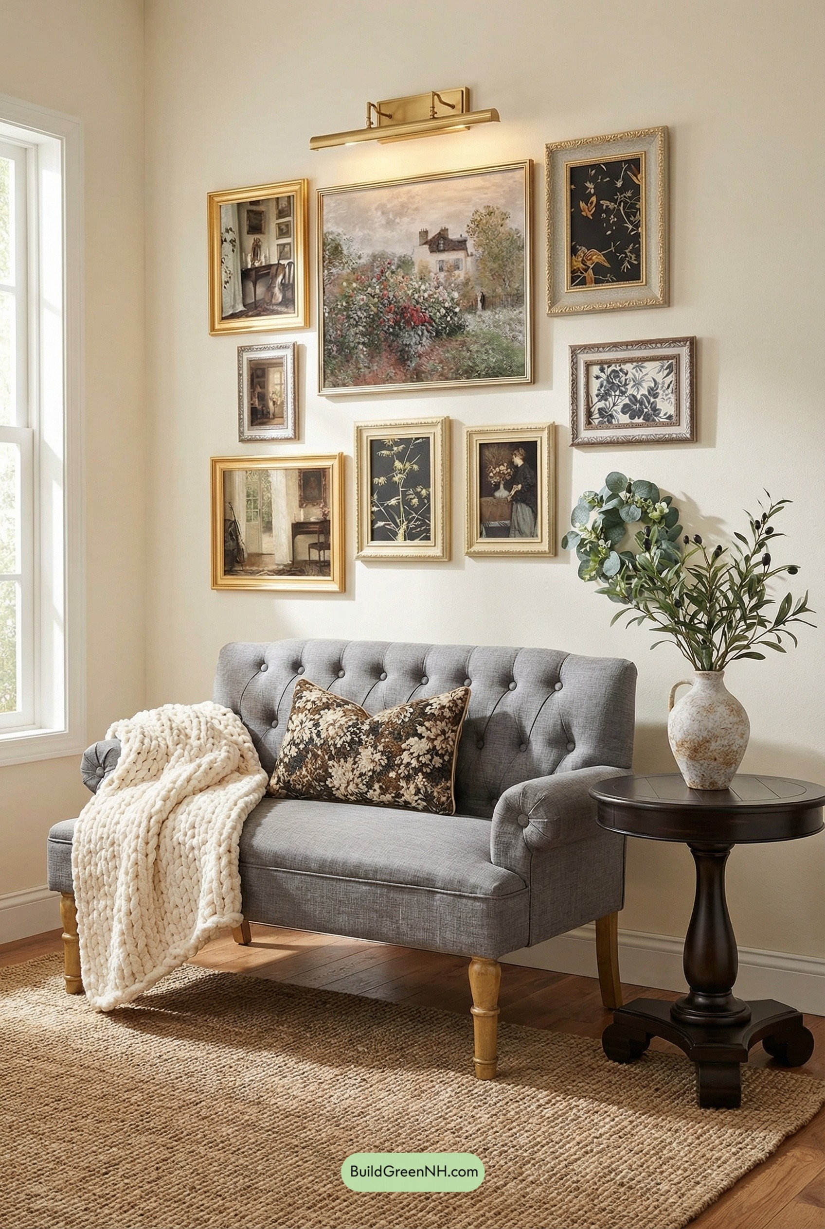 Antique Gallery Wall, Cozy Cottage Settee