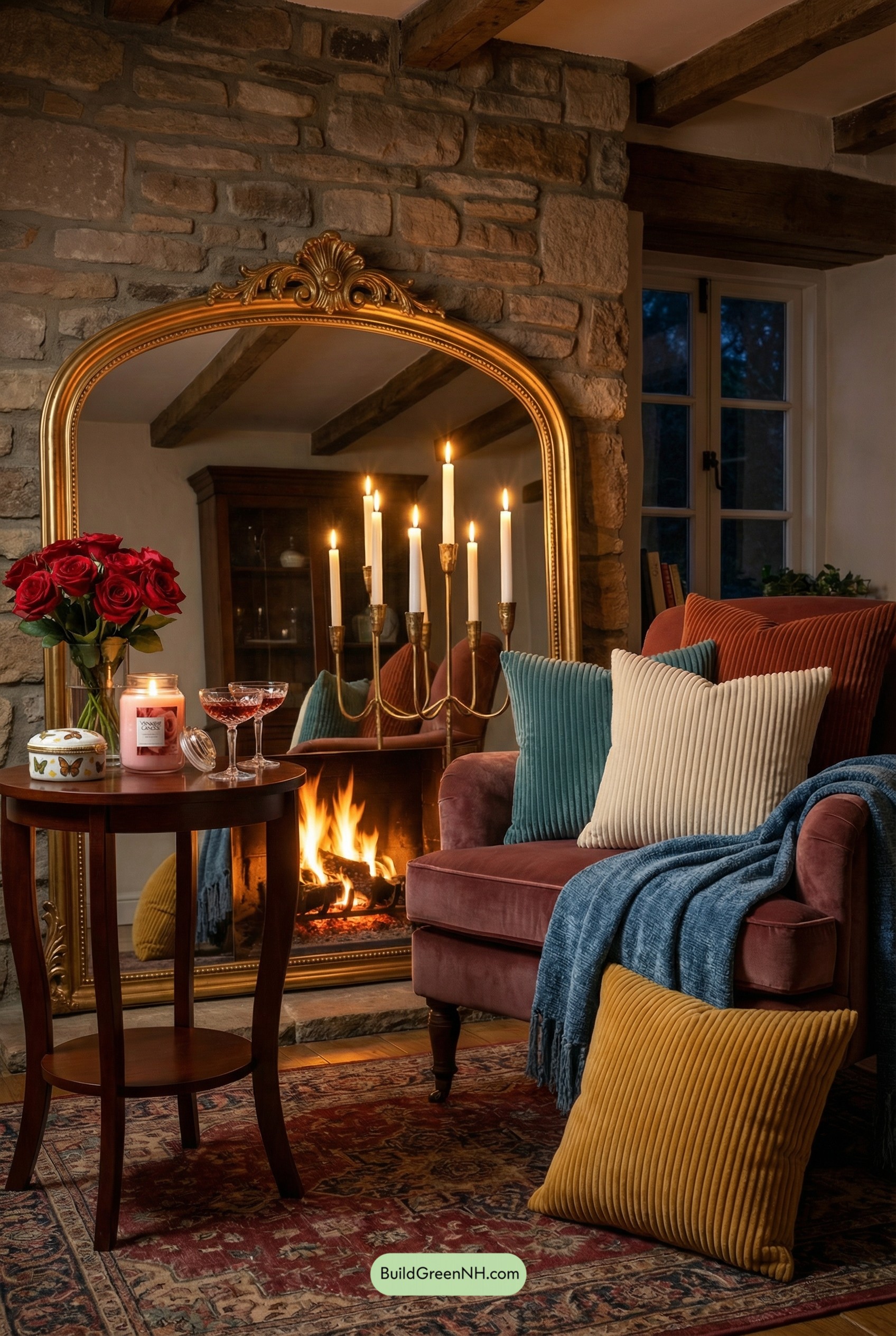 Firelight Reflections in a Velvet Cottage