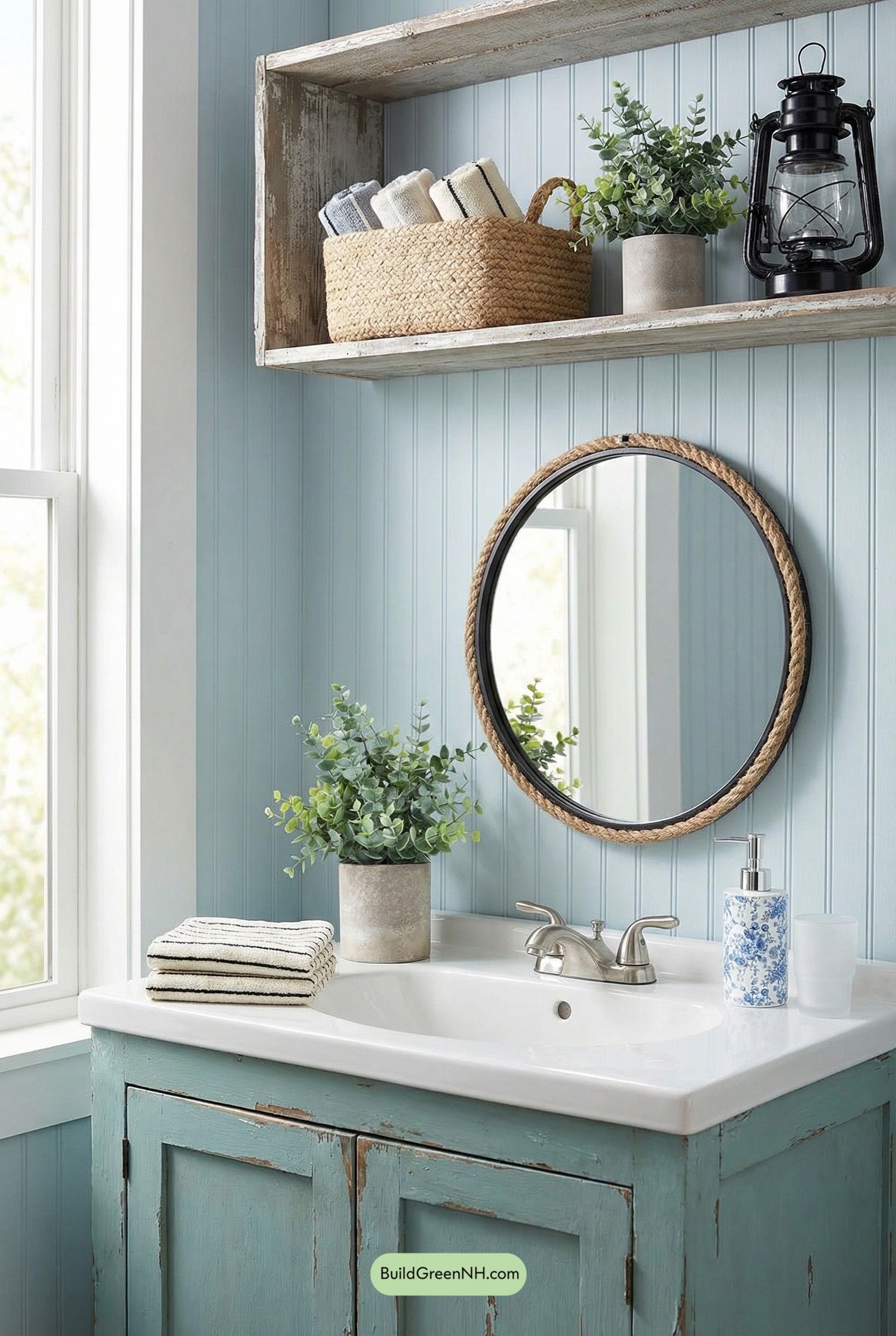 Sea-Glass Vanity With Rope-Rim Mirror