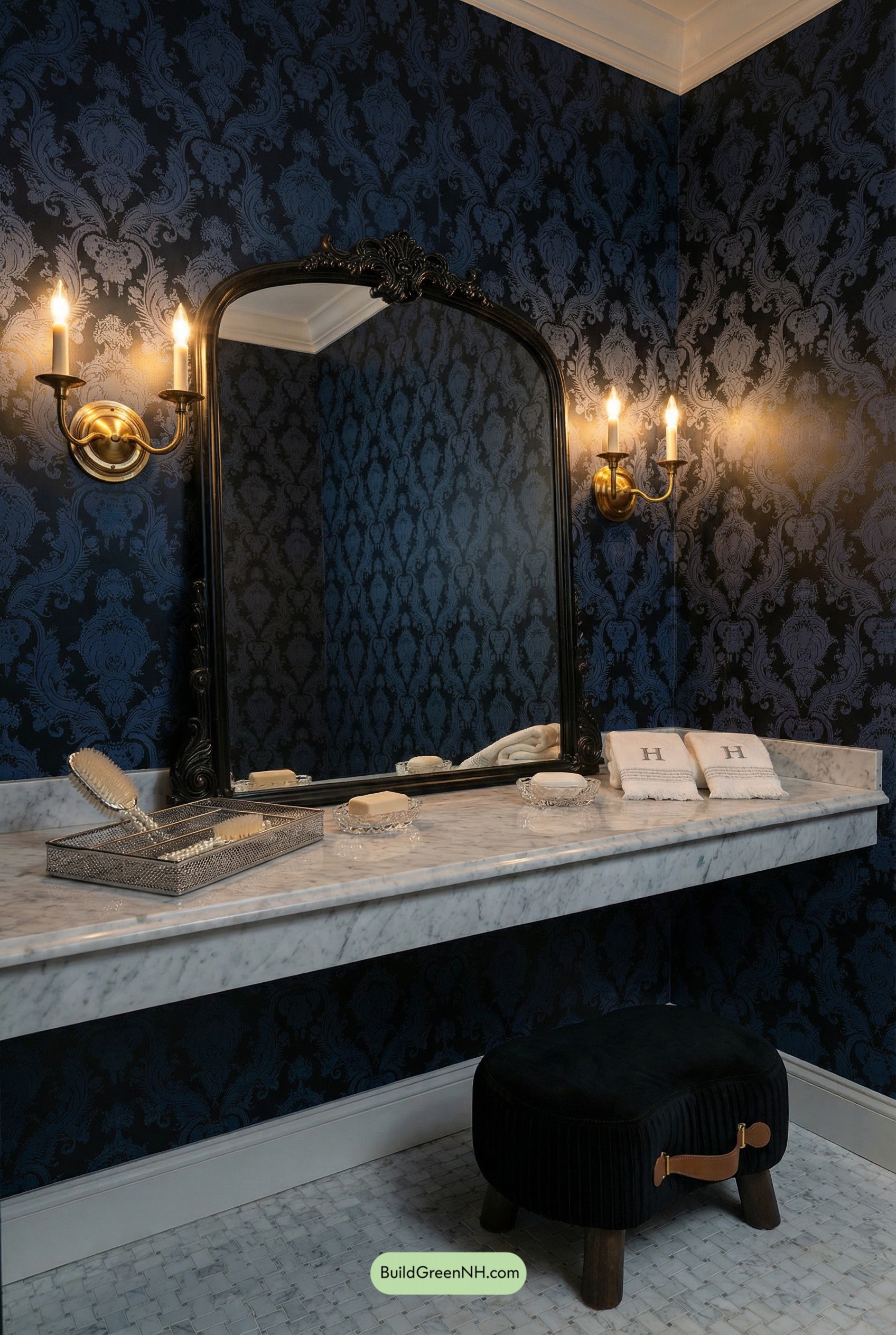 Moody Damask Vanity, Brass Candlelight Glow
