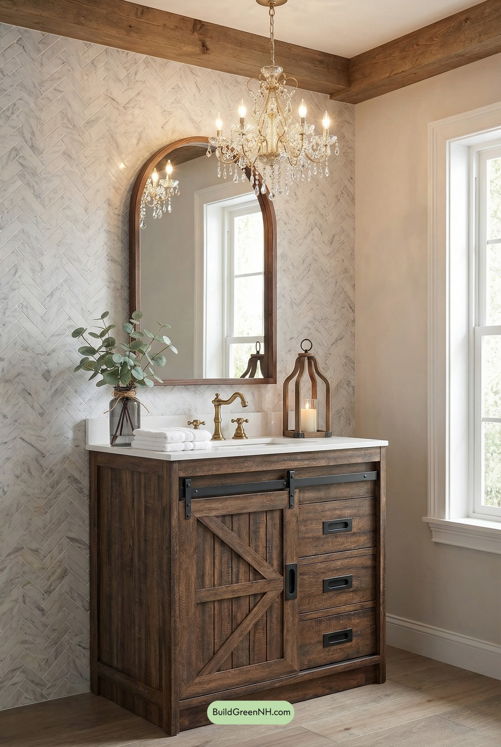 Rustic Barn Vanity, Crystal Chandelier Glow