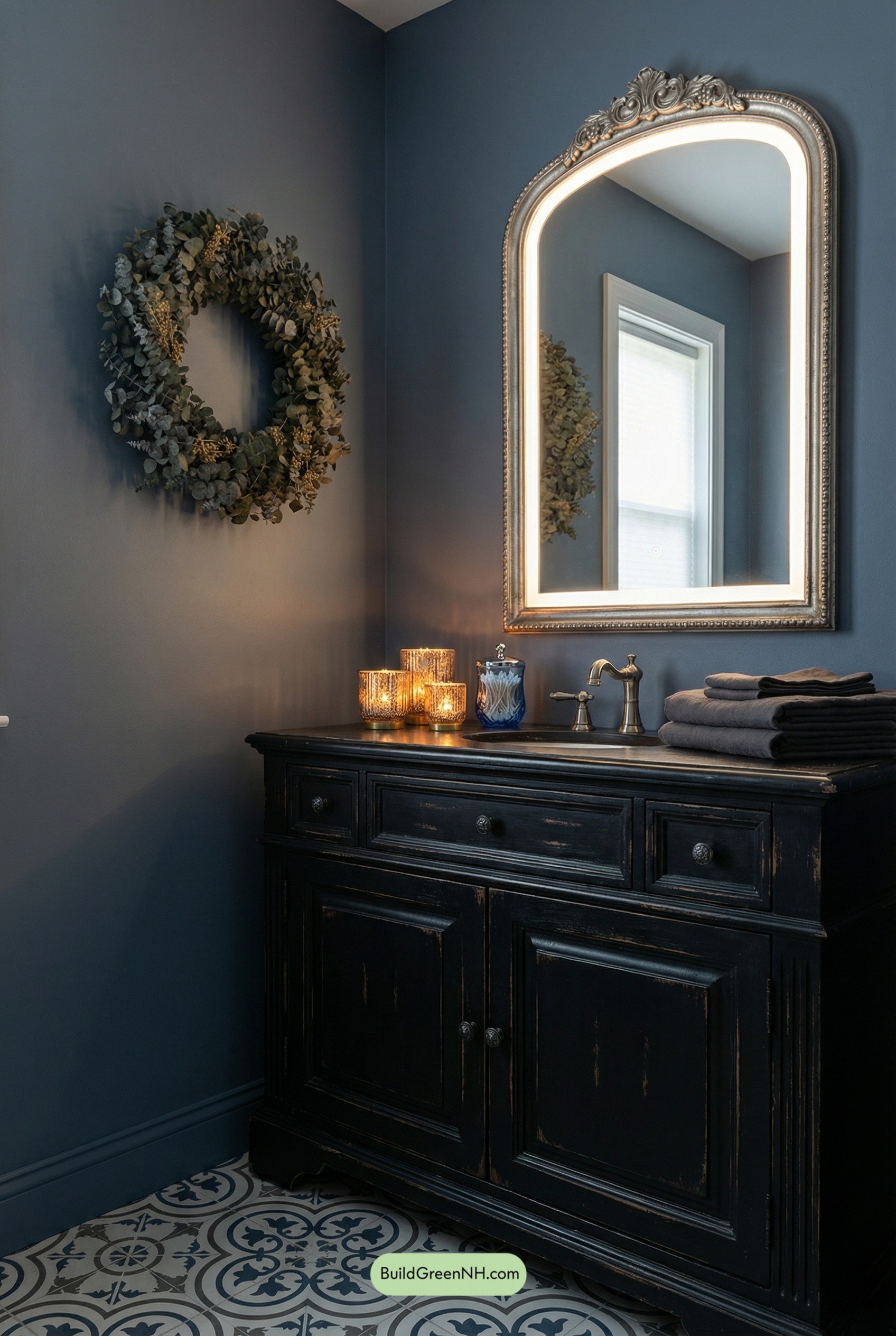 Smoky Blue Vanity with Aged Silver Glow