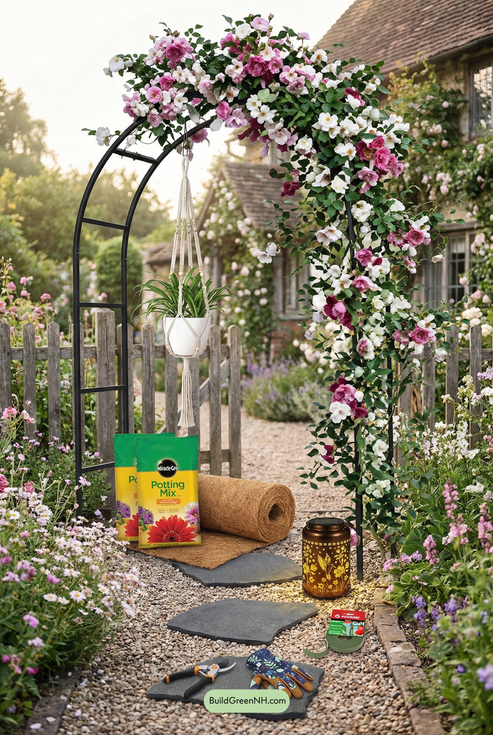 Rose-Draped Arbor on a Gravel Path