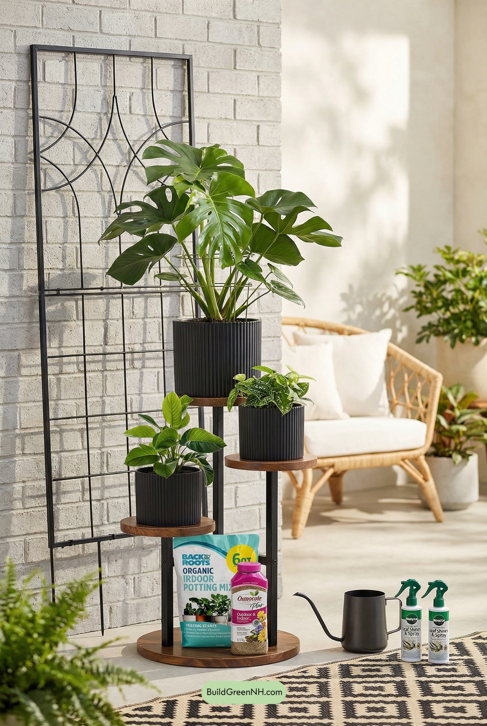 Geometric Trellis Corner with Bold Foliage