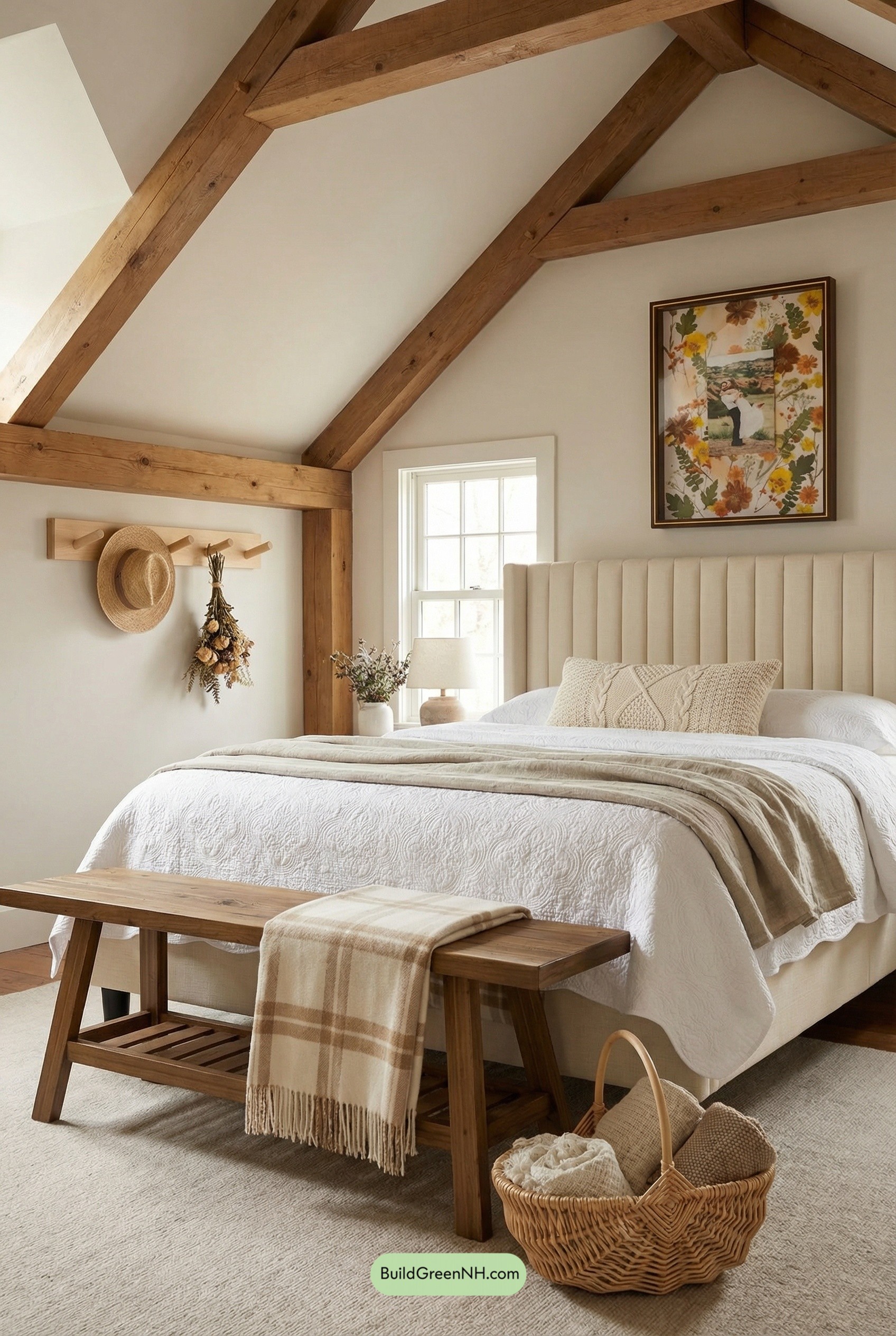 Creamy Cottage Bedroom Under Rustic Beams