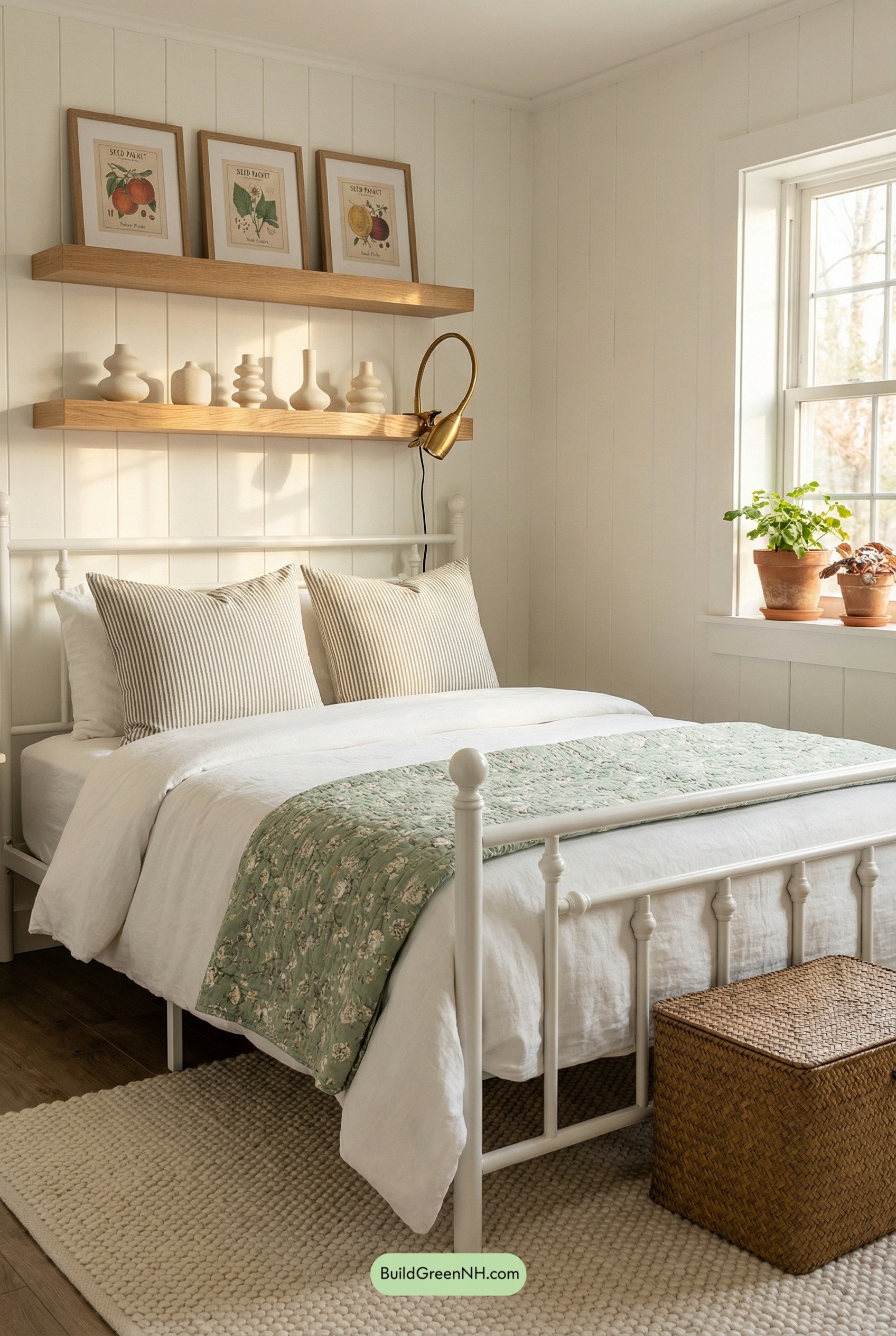 Curated Cottage Shelves Above Crisp Iron Bed