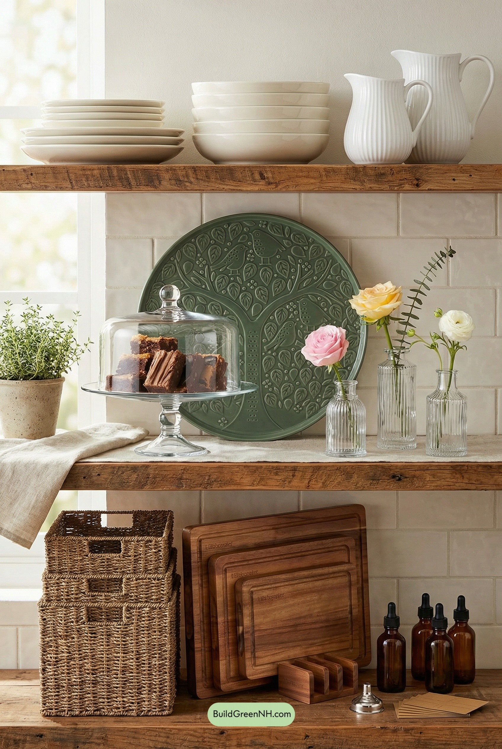 Creamy Open Shelves with Forest-Green Statement
