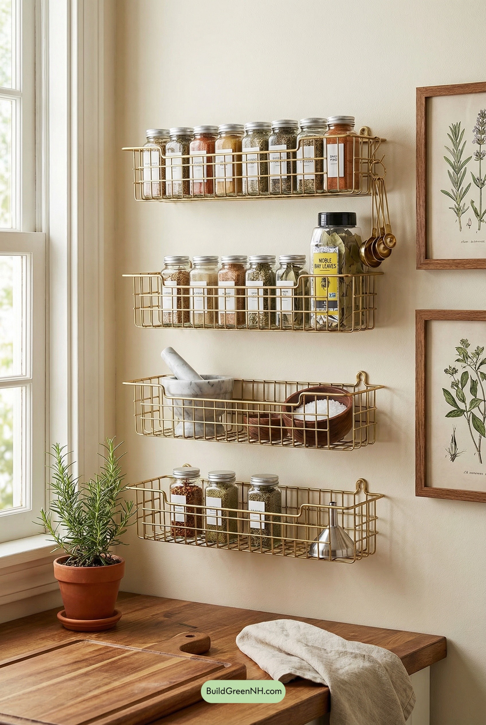 Brass Basket Spice Wall, Cottagecore Clean
