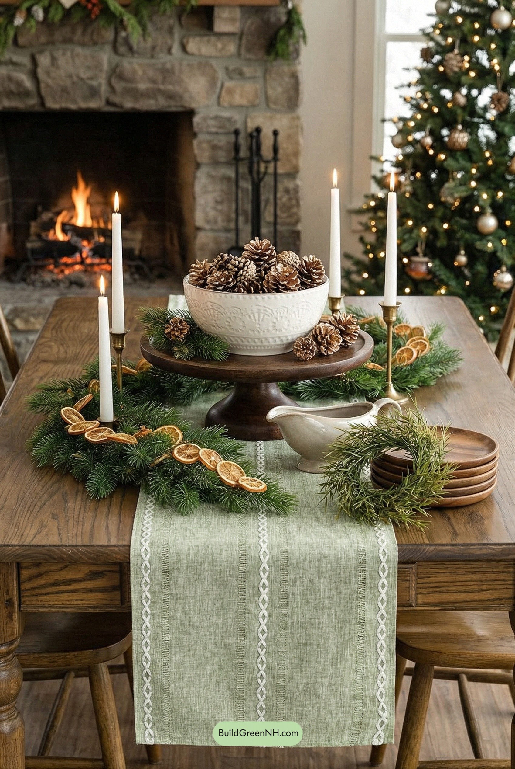 Evergreen and Brass Holiday Table Moment