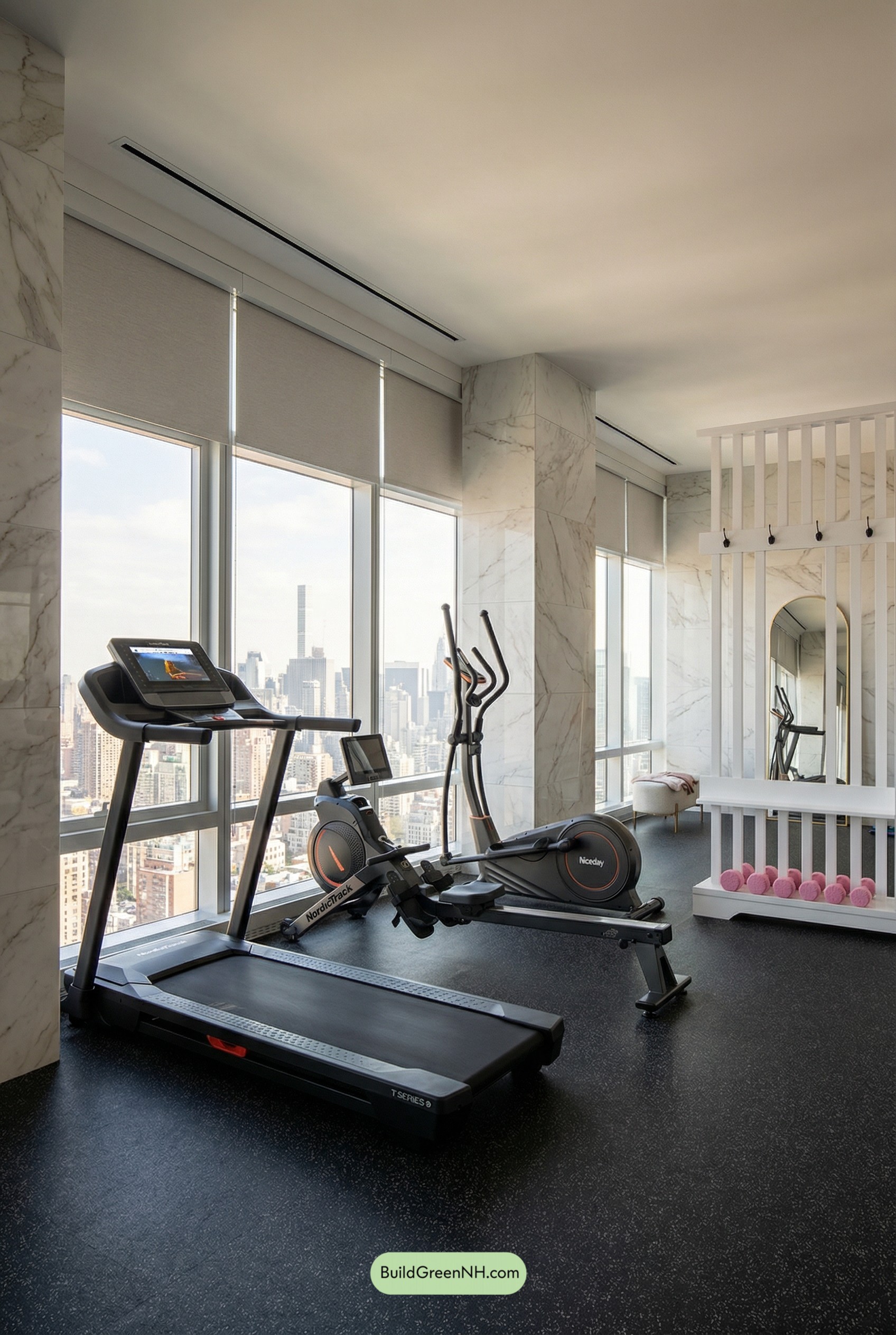 Skyline-View Penthouse Gym in Marble Calm