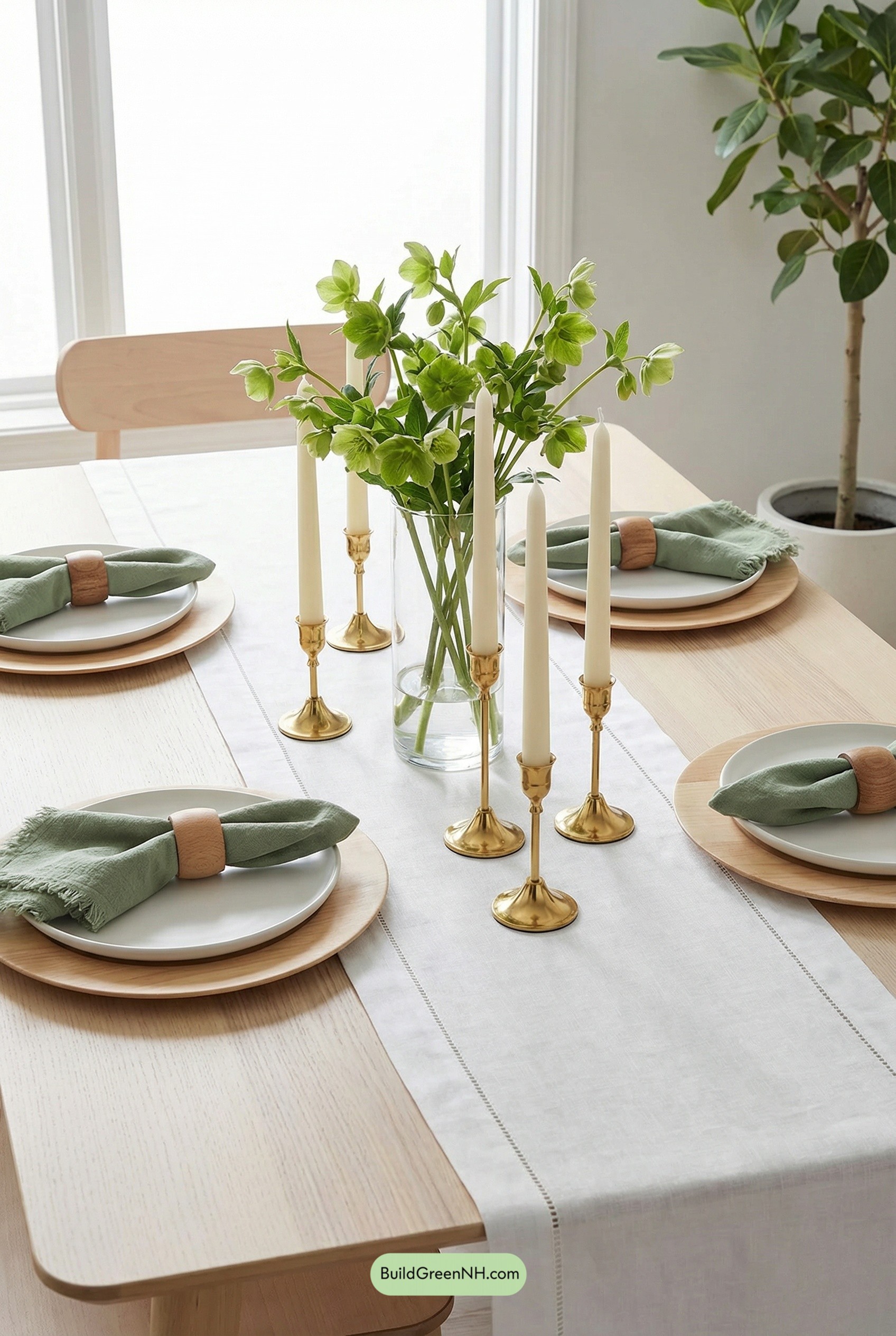 Brass Candles, Green Blooms, Pale Wood