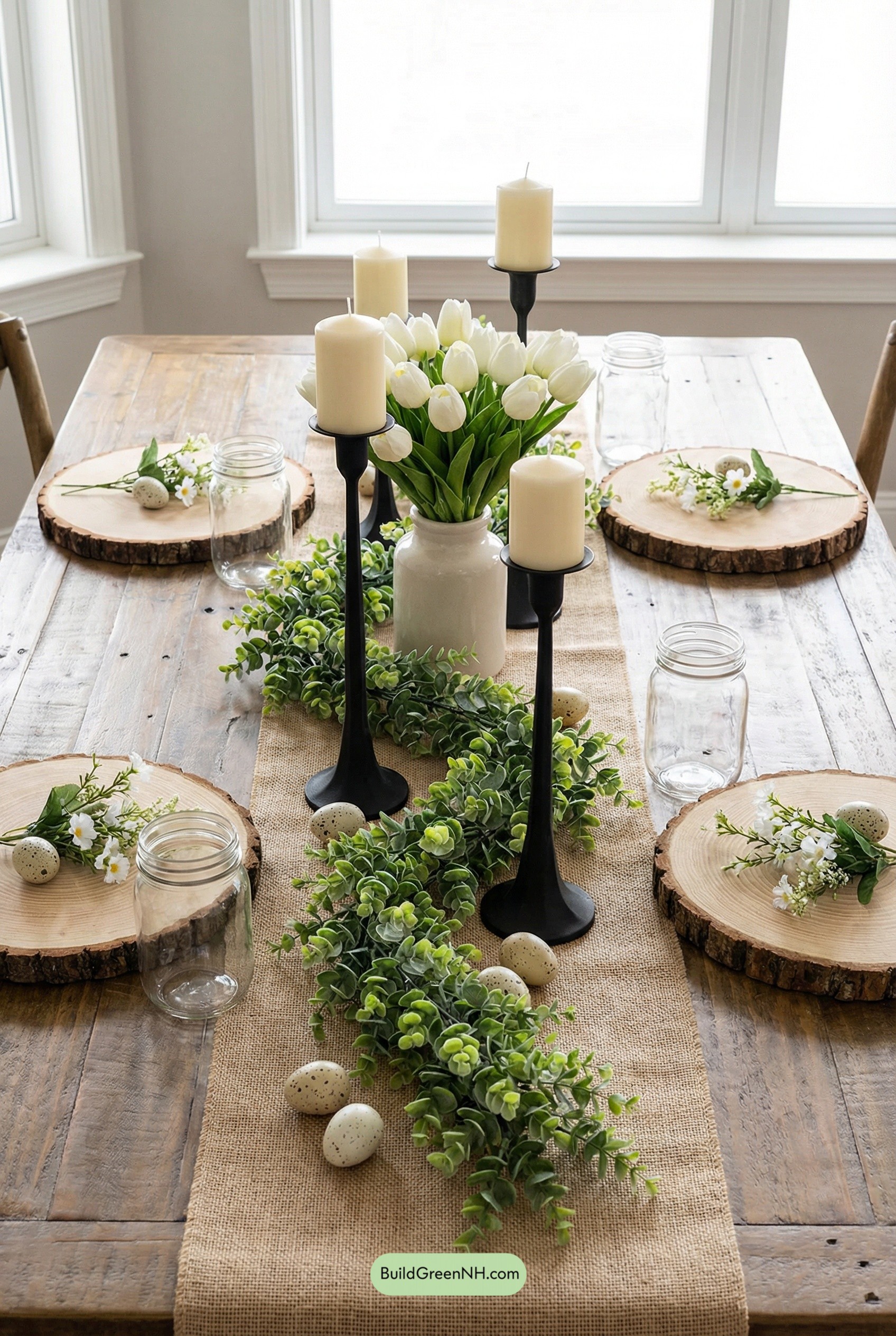 Burlap Runway, Tulips, and Speckled Eggs