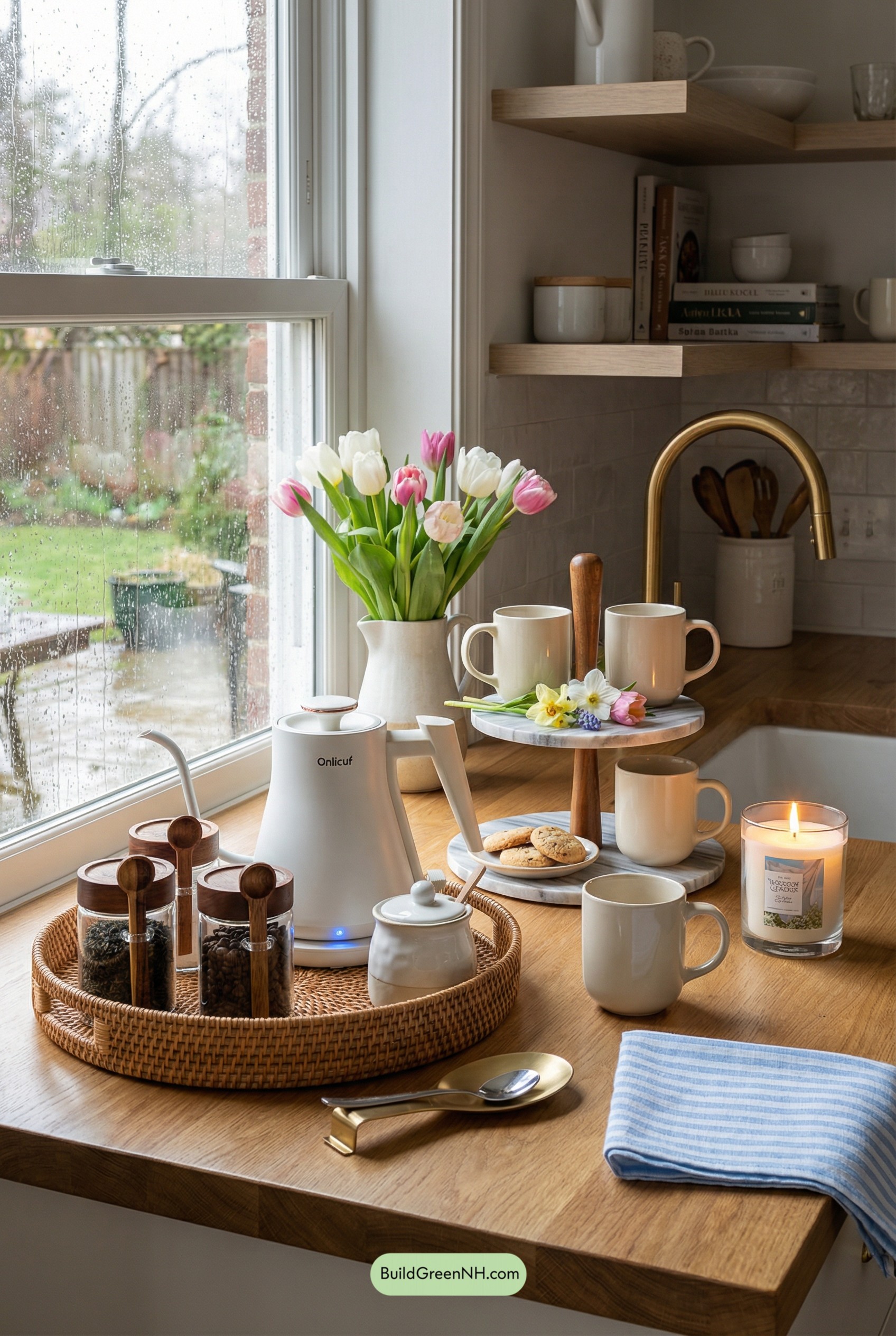 Rainy-Window Tea Corner with Tulips