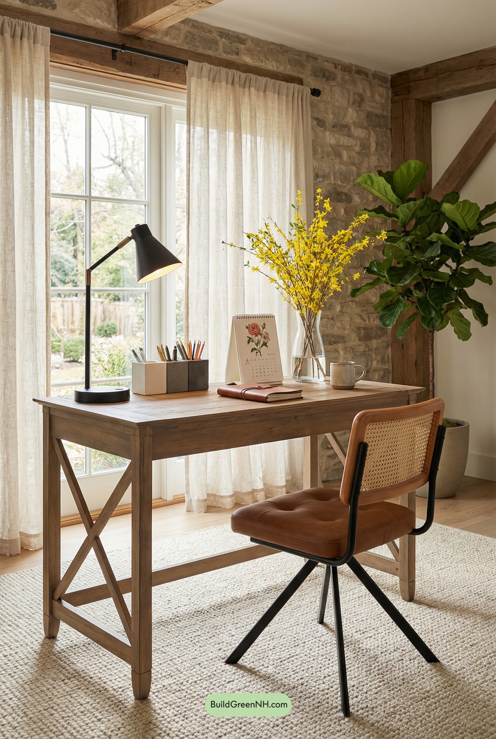 Sunlit Rustic Desk With Spring Florals