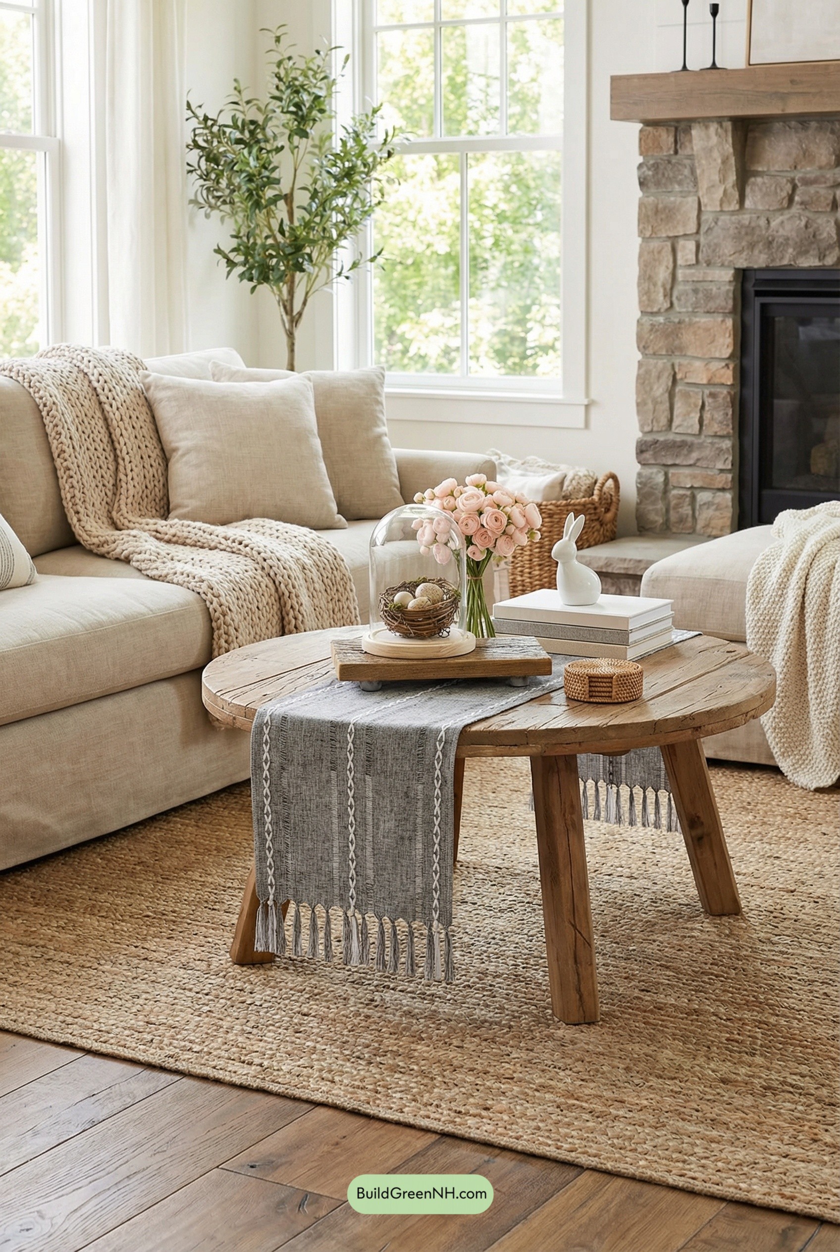 Spring Cloche Charm on Rustic Coffee Table