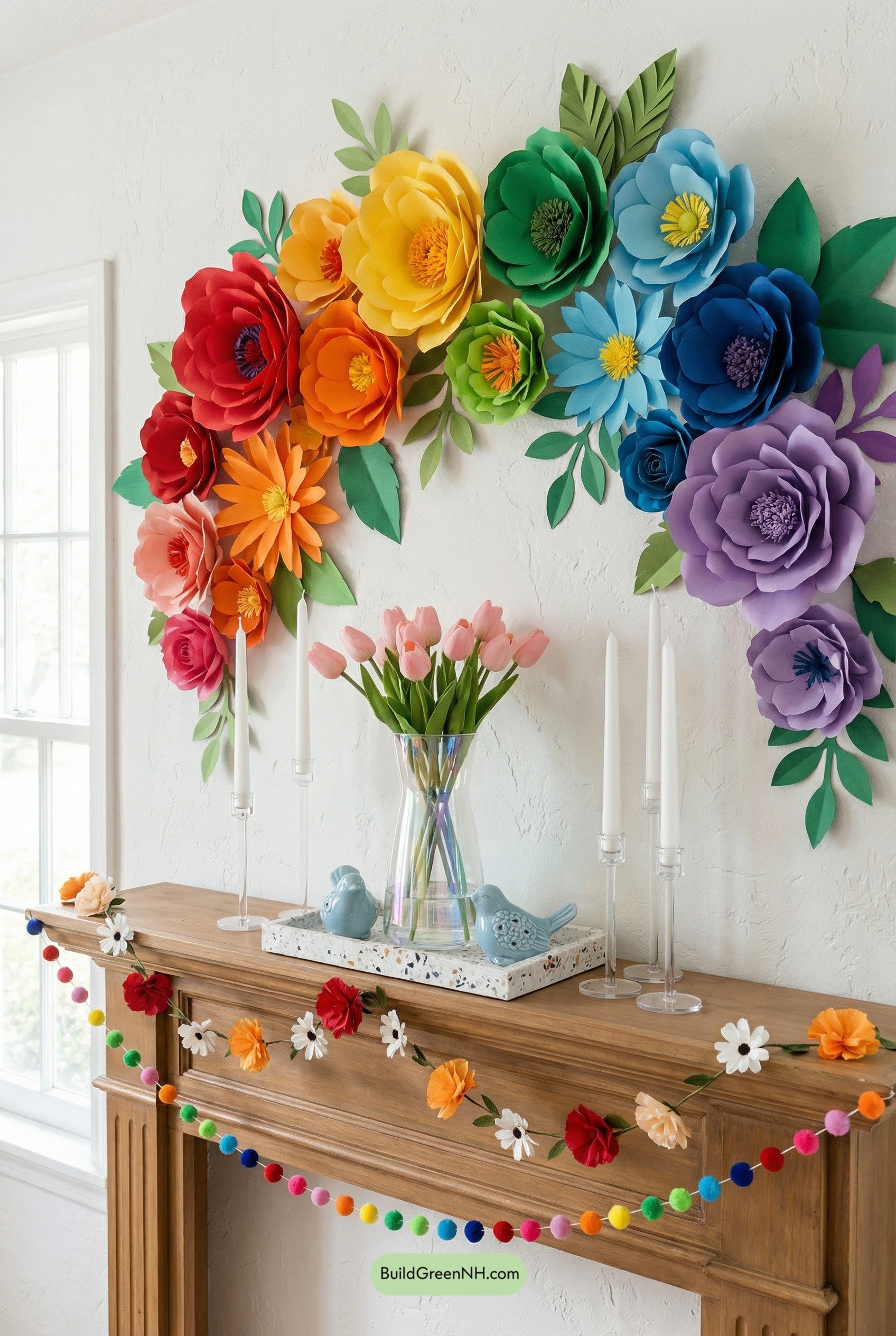 Rainbow Paper Blooms Over Spring Mantel