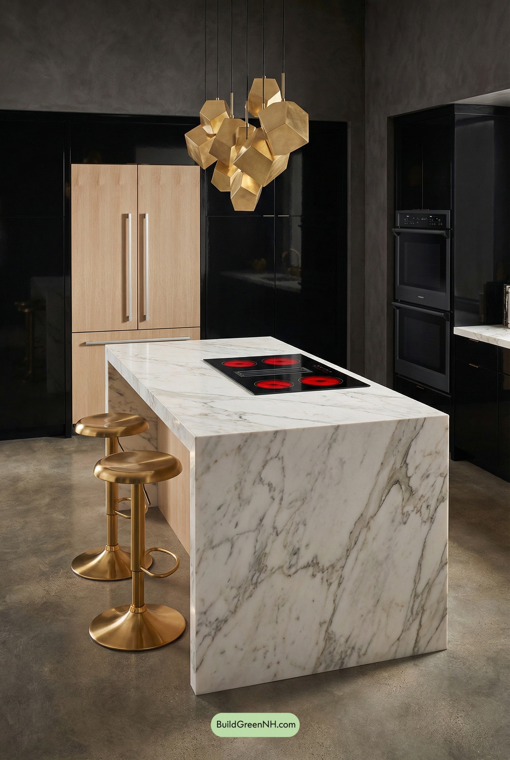 Calacatta Waterfall Island, Black Lacquer Drama