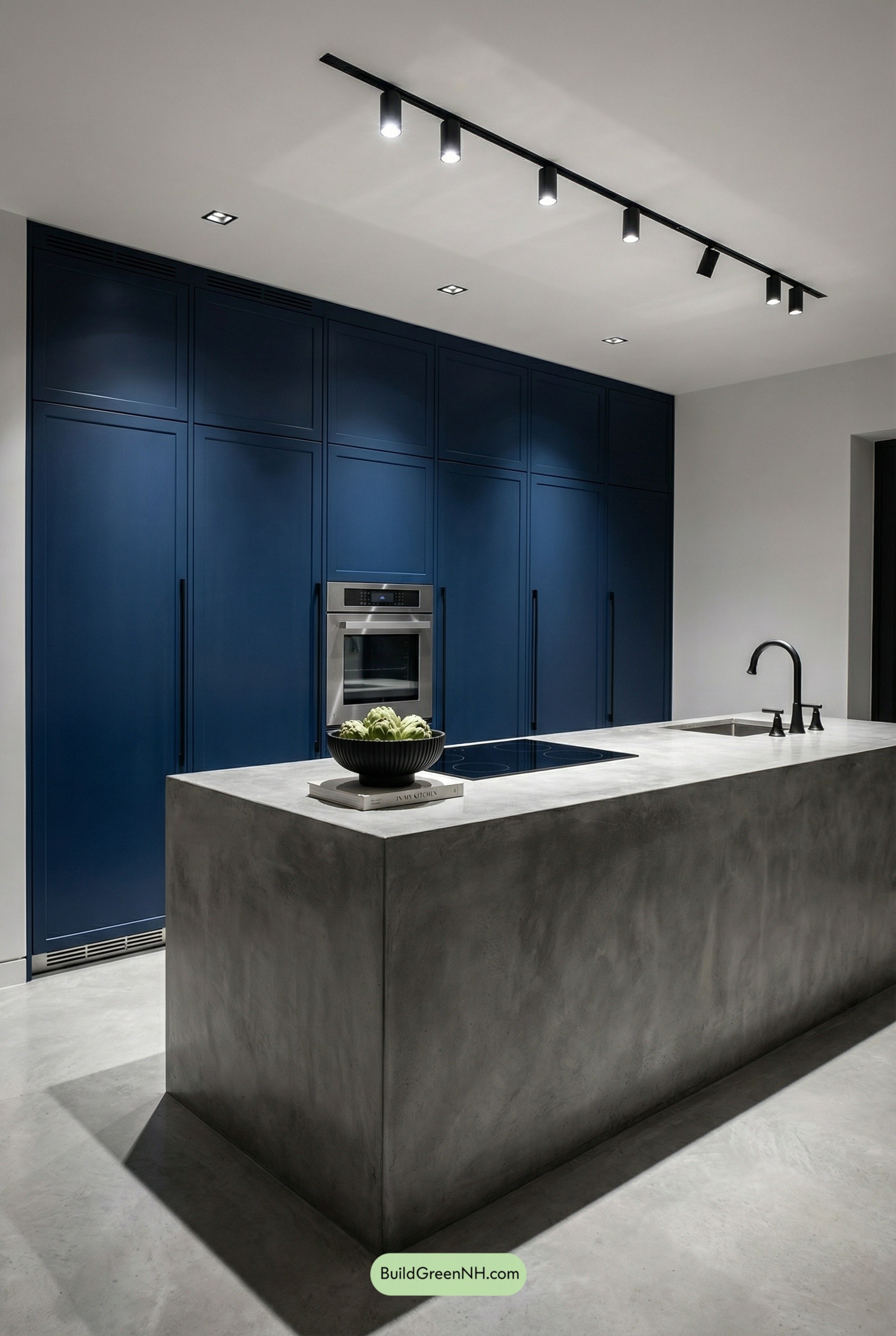Concrete Monolith, Midnight Cabinetry Calm