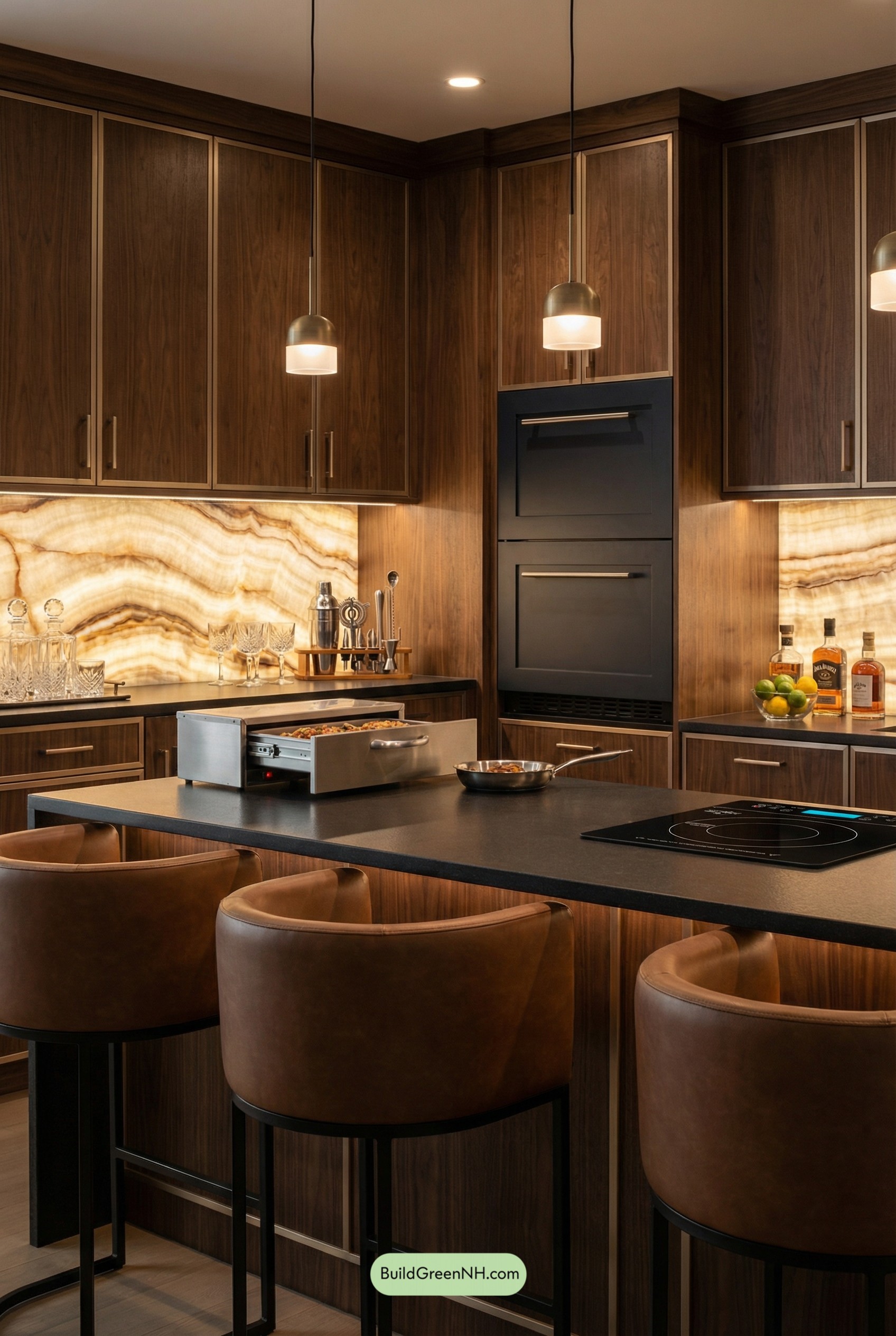 Members-Club Walnut Kitchen with Glowing Onyx