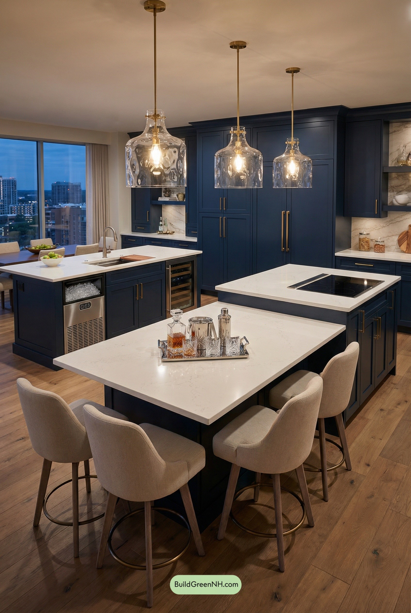 Navy Double-Island Kitchen, Party-Ready