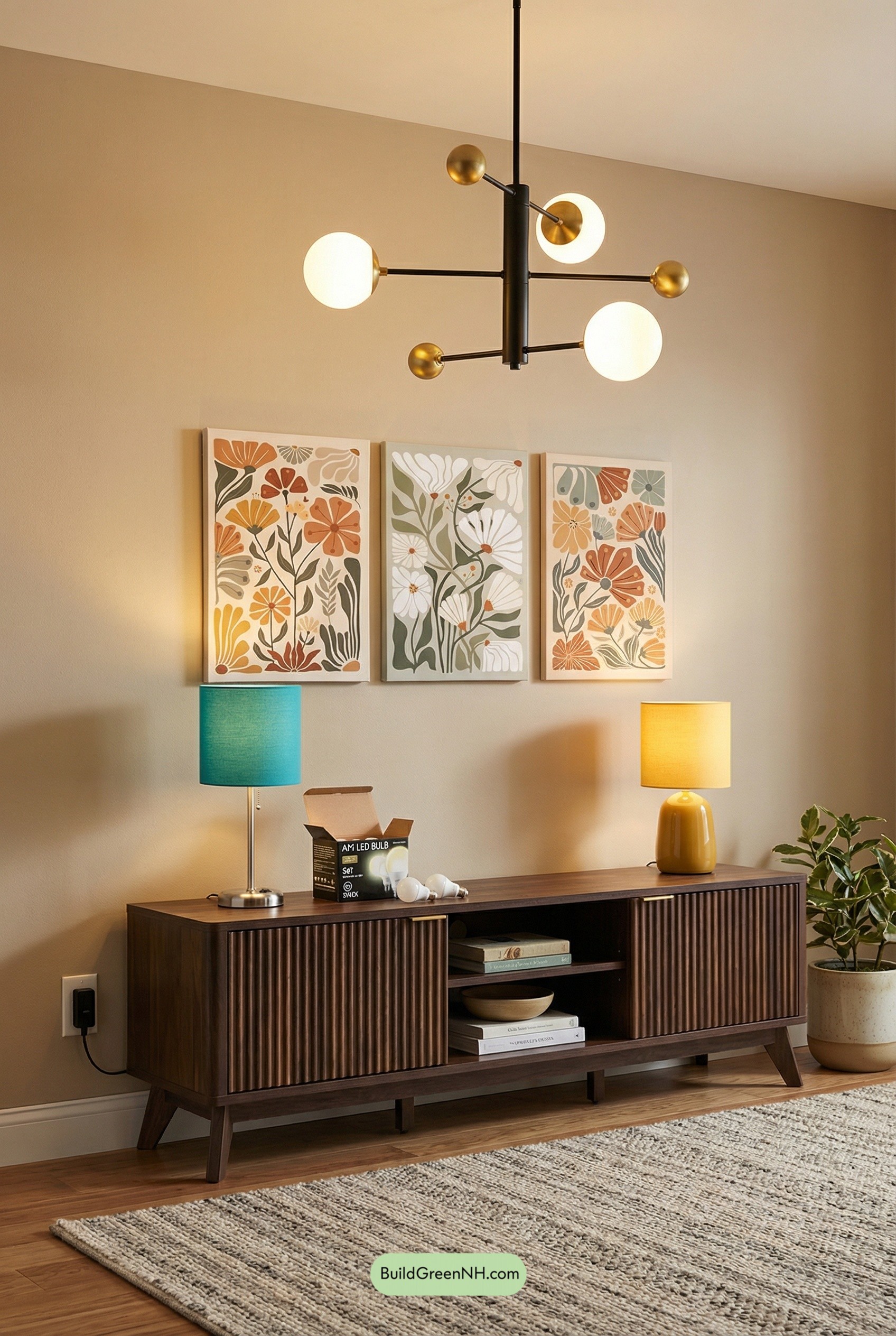 Brass-Trim Mobile Chandelier, Color-Pop Glow