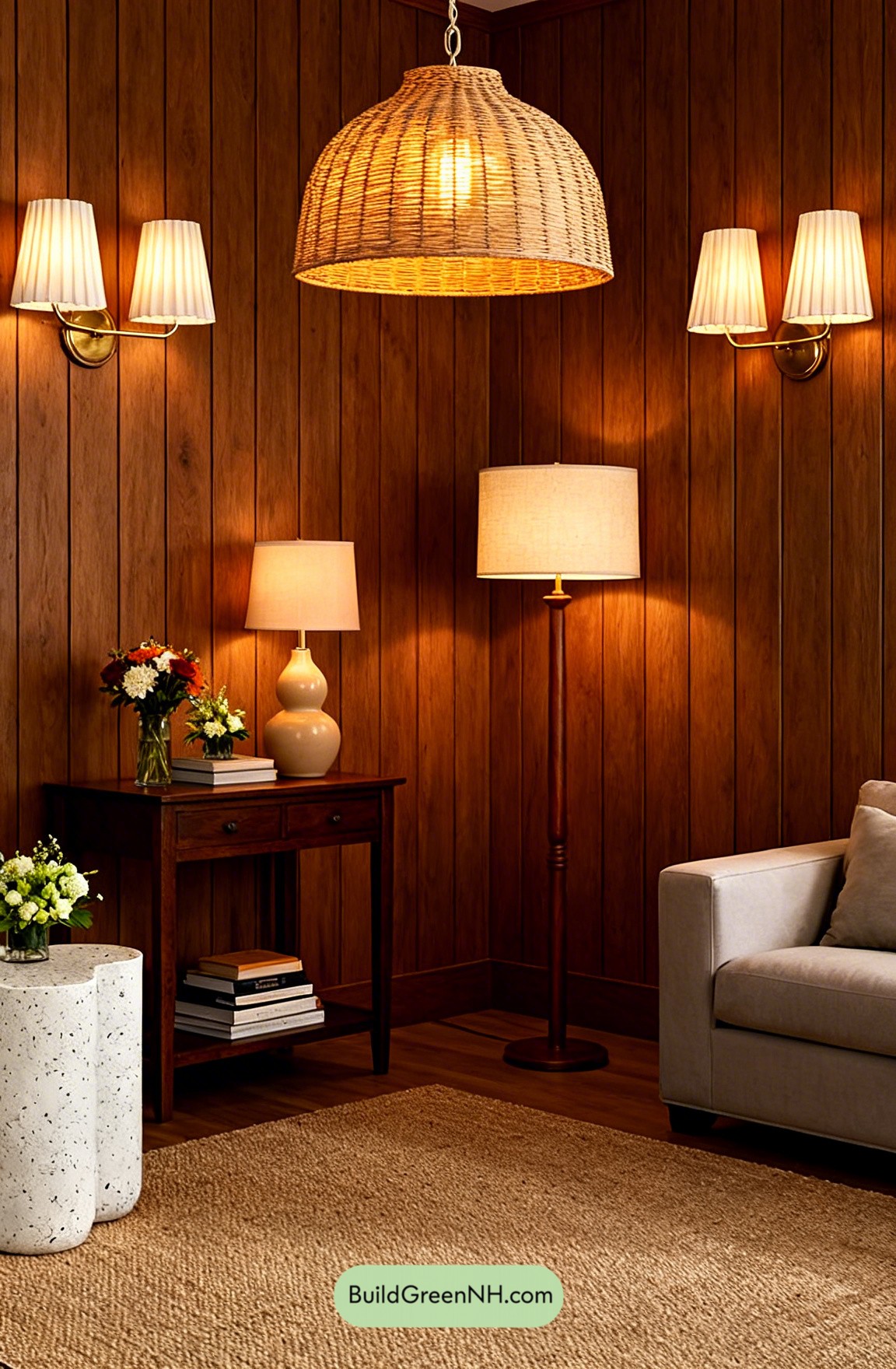 Rattan Glow in Wood-Paneled Cozy