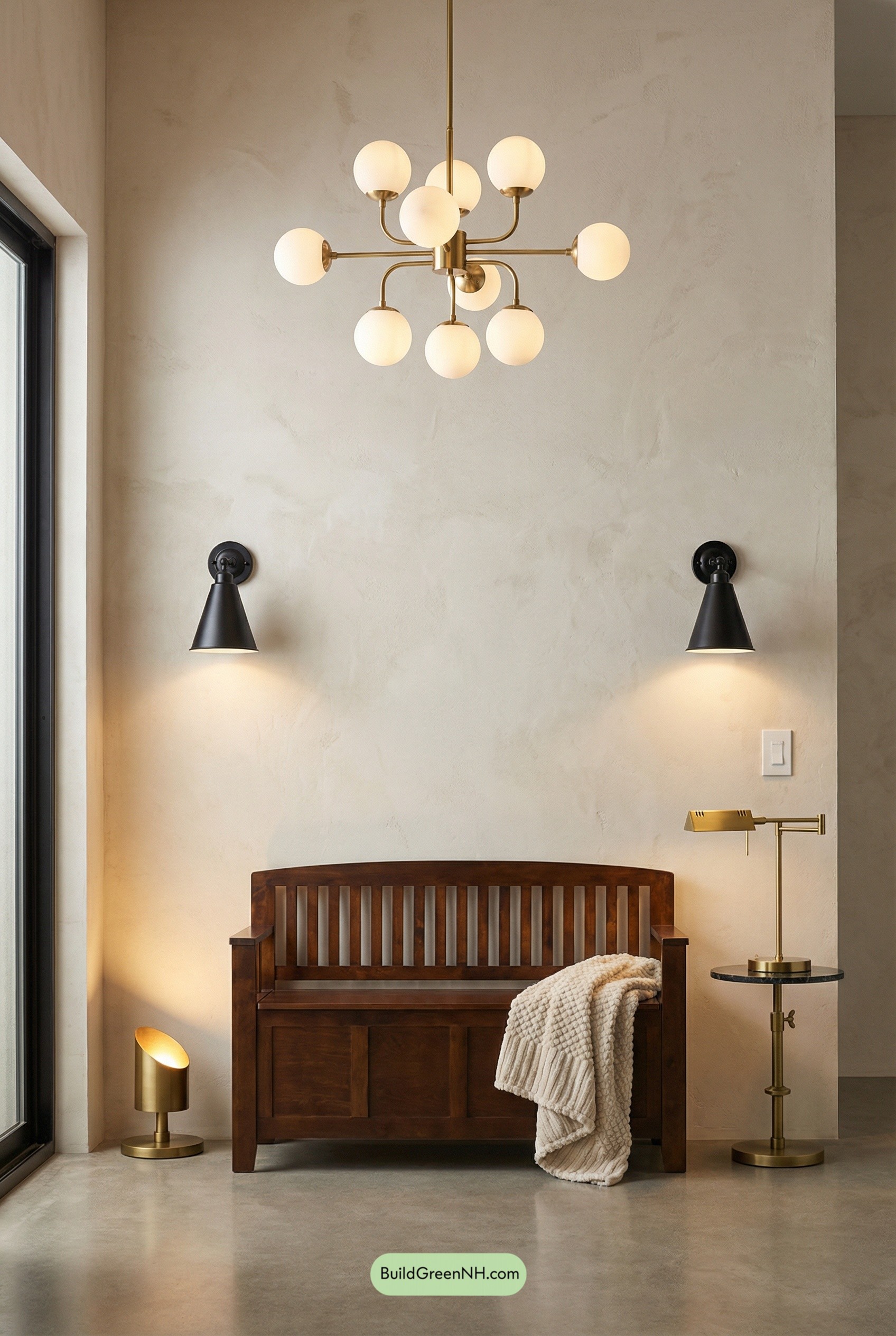 Opal Globes, Brass, and Calm Contrast