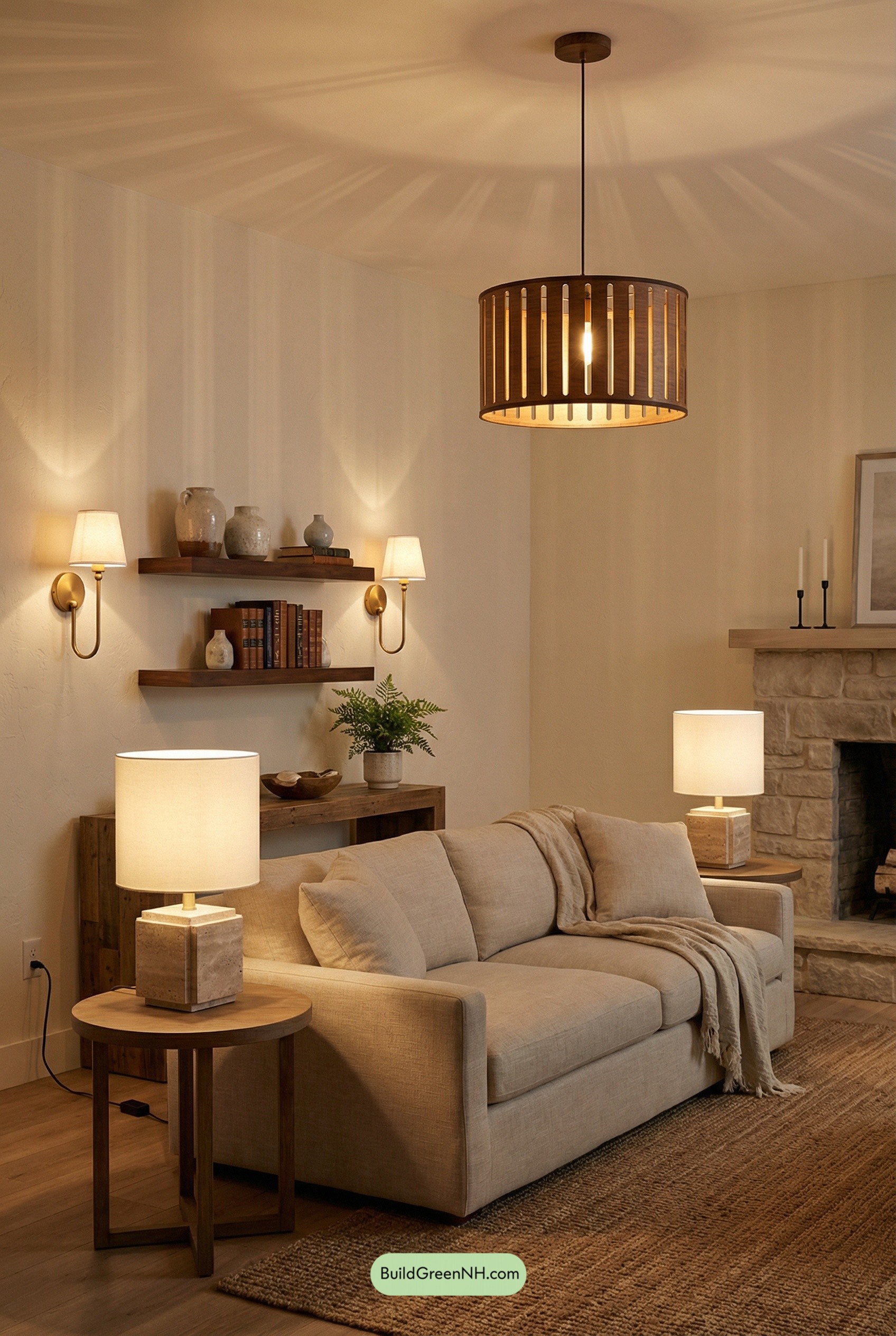 Wood-Slat Glow, Stone-Lamp Balance