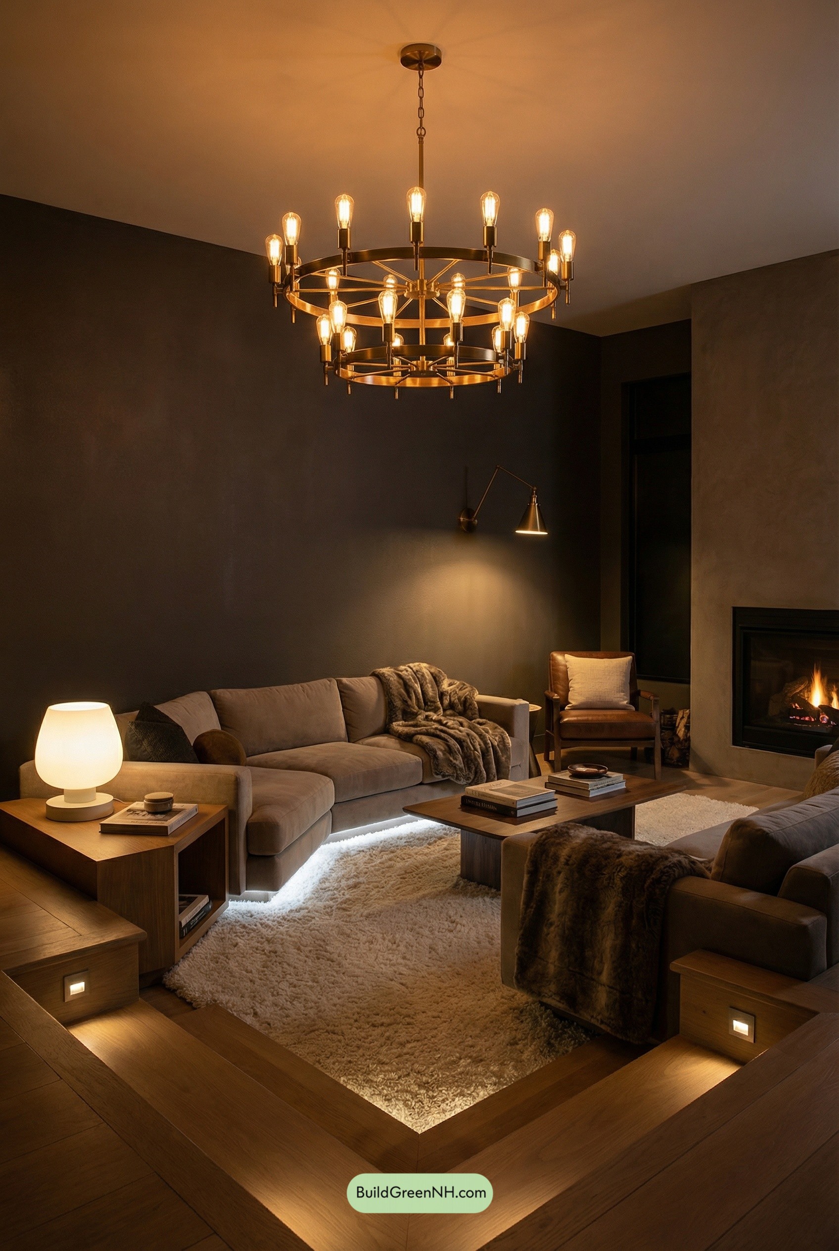 Brass Ring Chandelier, Sunken Lounge Glow
