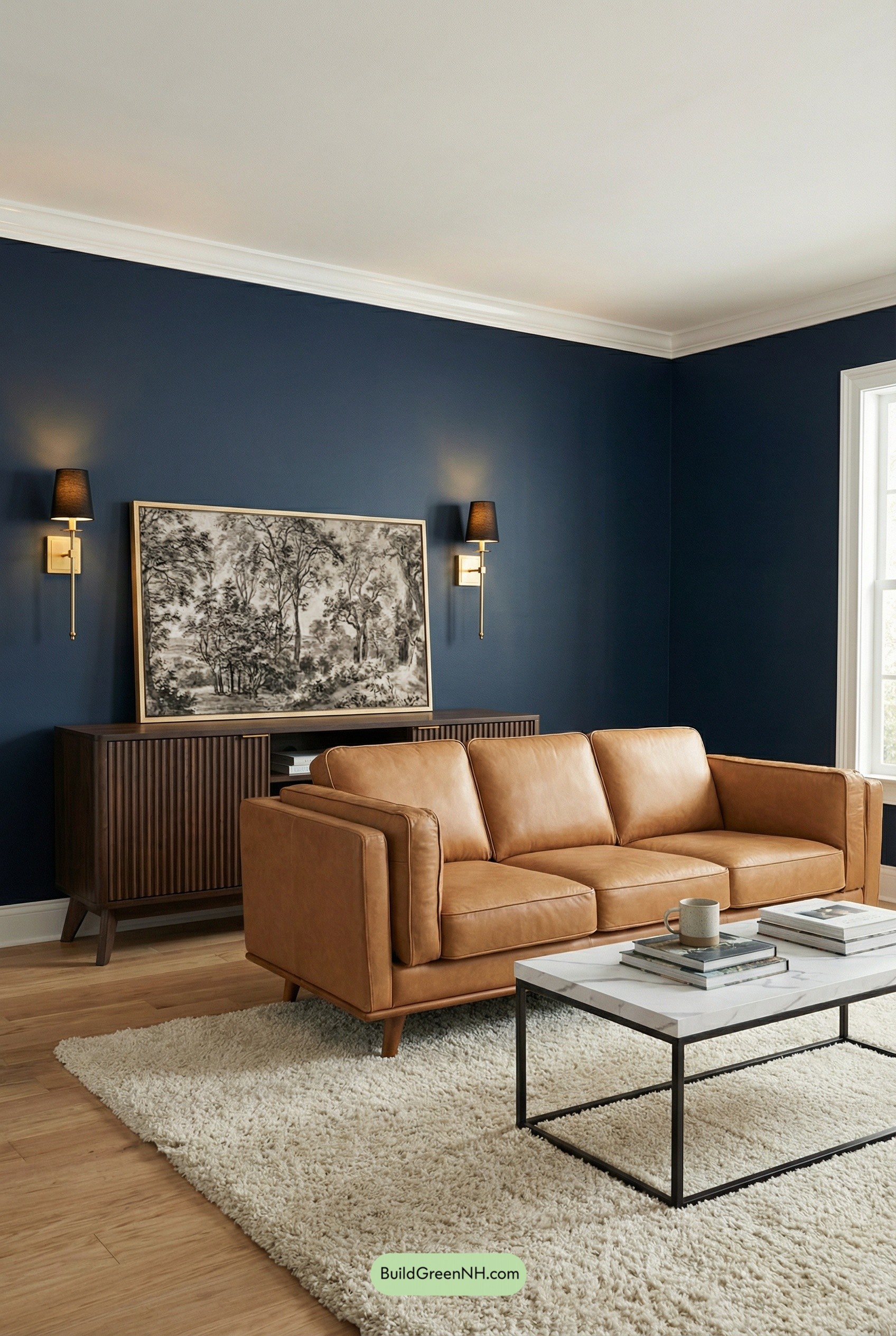 Ink Navy Walls, Walnut, and White Trim