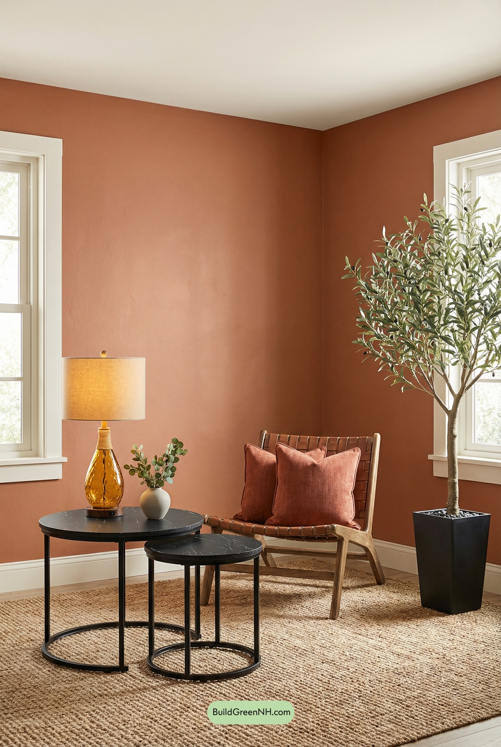 Terracotta Walls, Bone-White Trim, Easy Glow