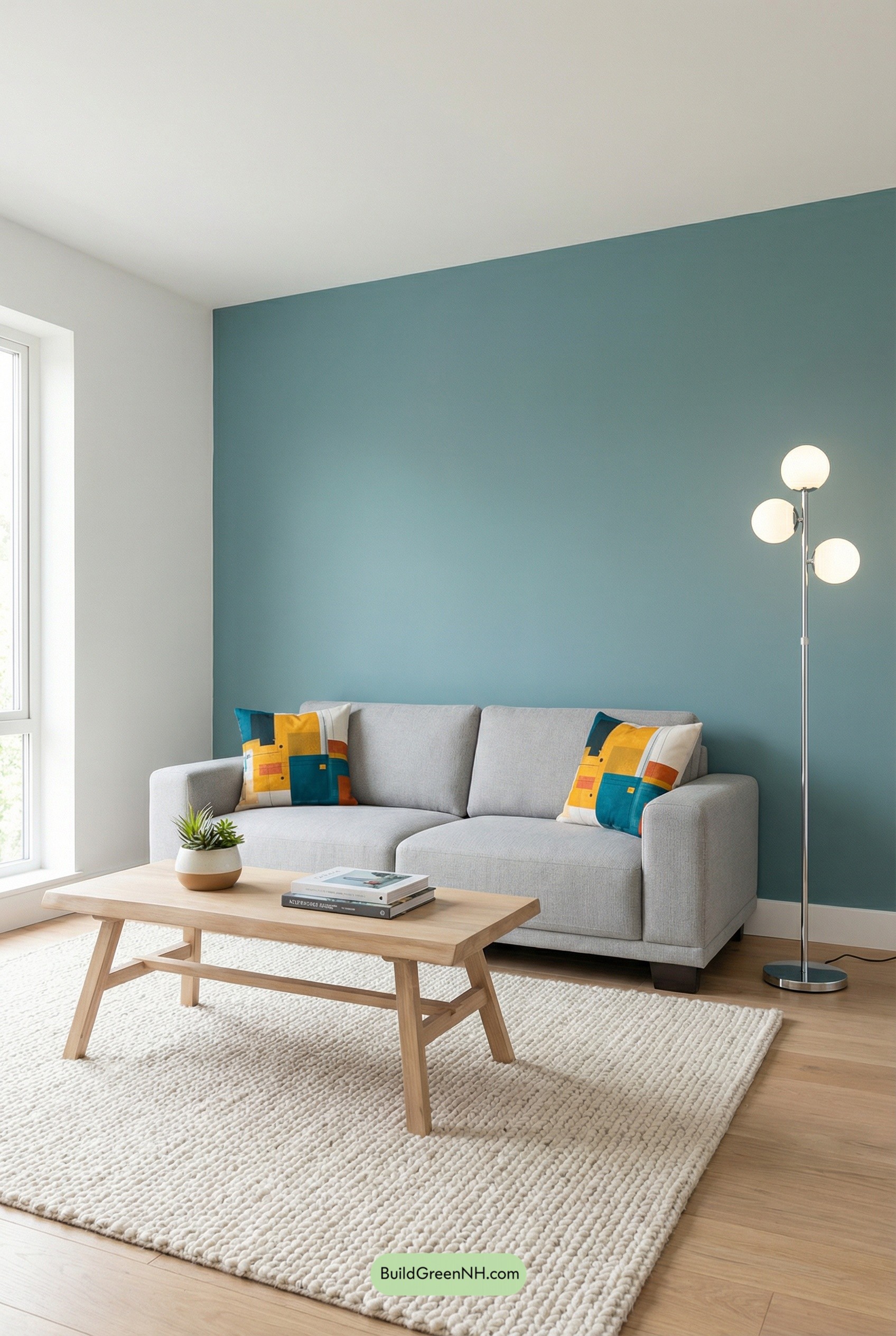 Muted Teal Wall, Bright Pillow Pops