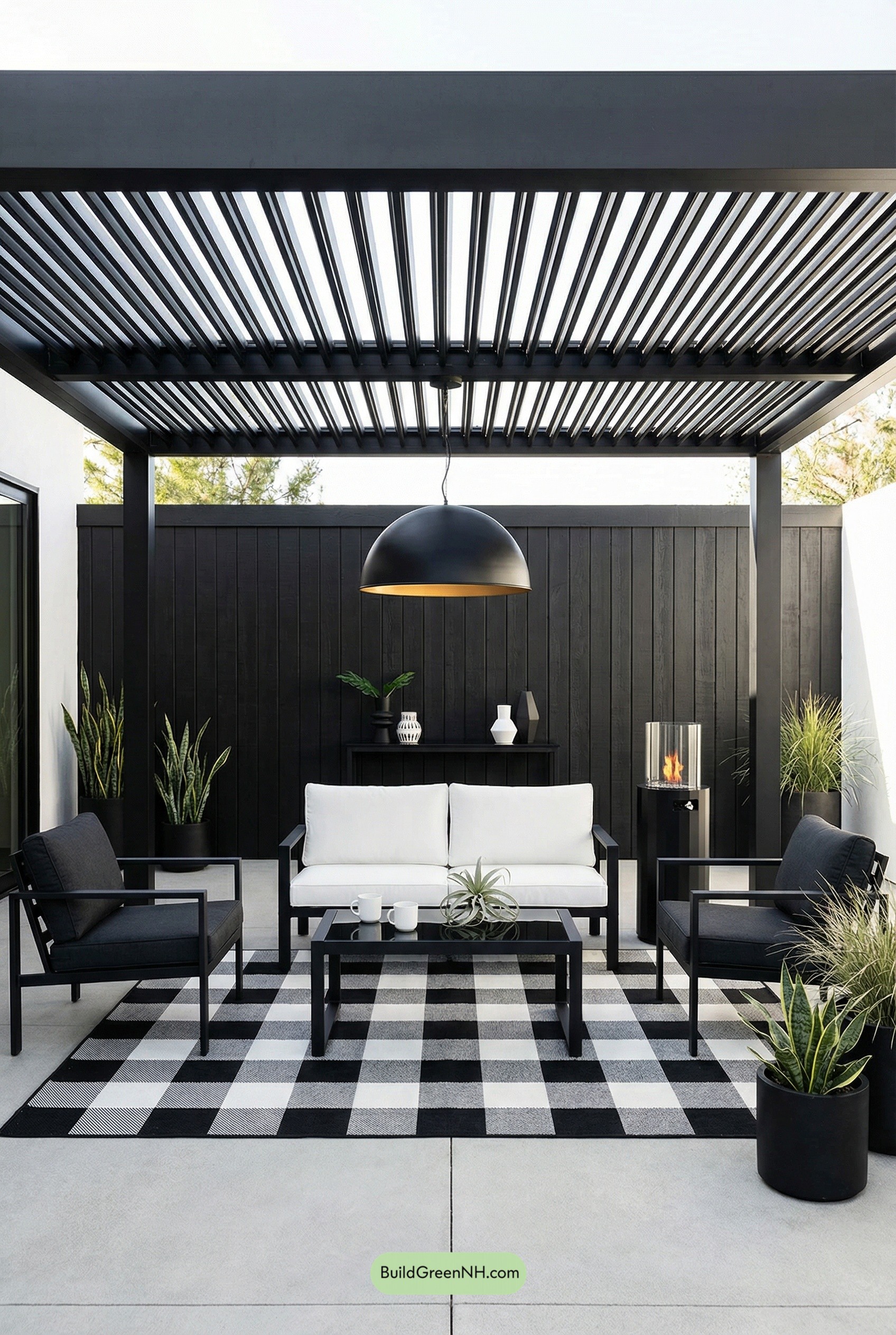 Monochrome Lounge Under a Black Pergola