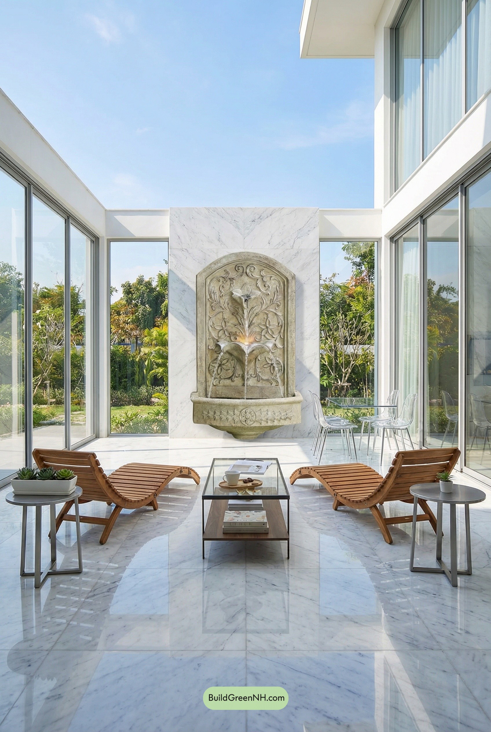 Sculptural Loungers on a Marble-Glass Patio
