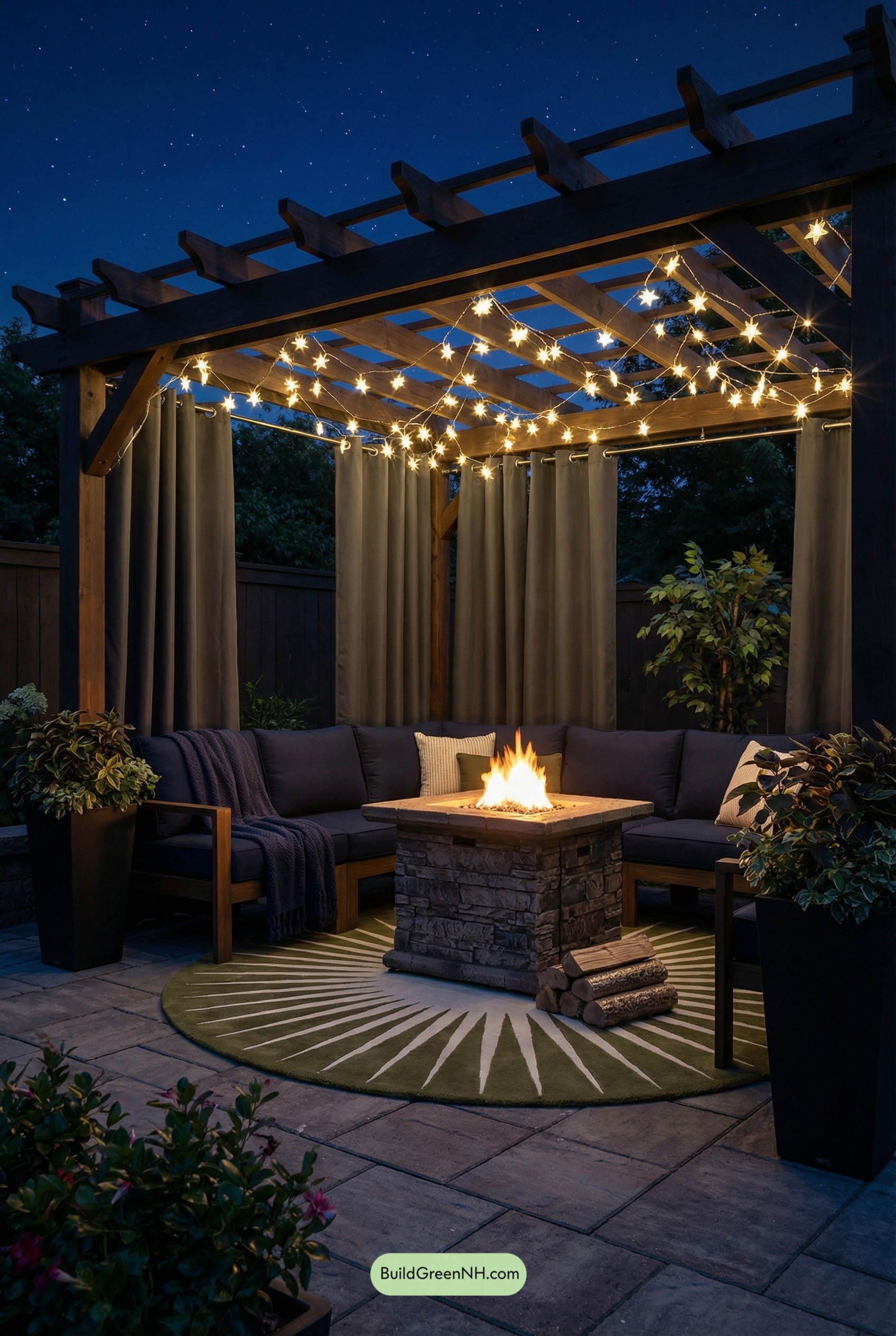 Navy Sectional Under Starlit Pergola Glow
