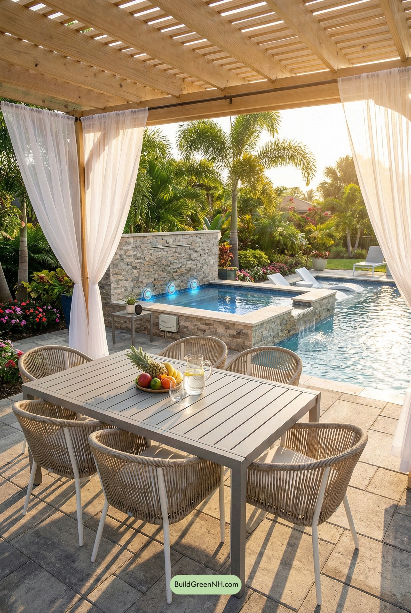Pergola Dining Beside a Spillover Spa