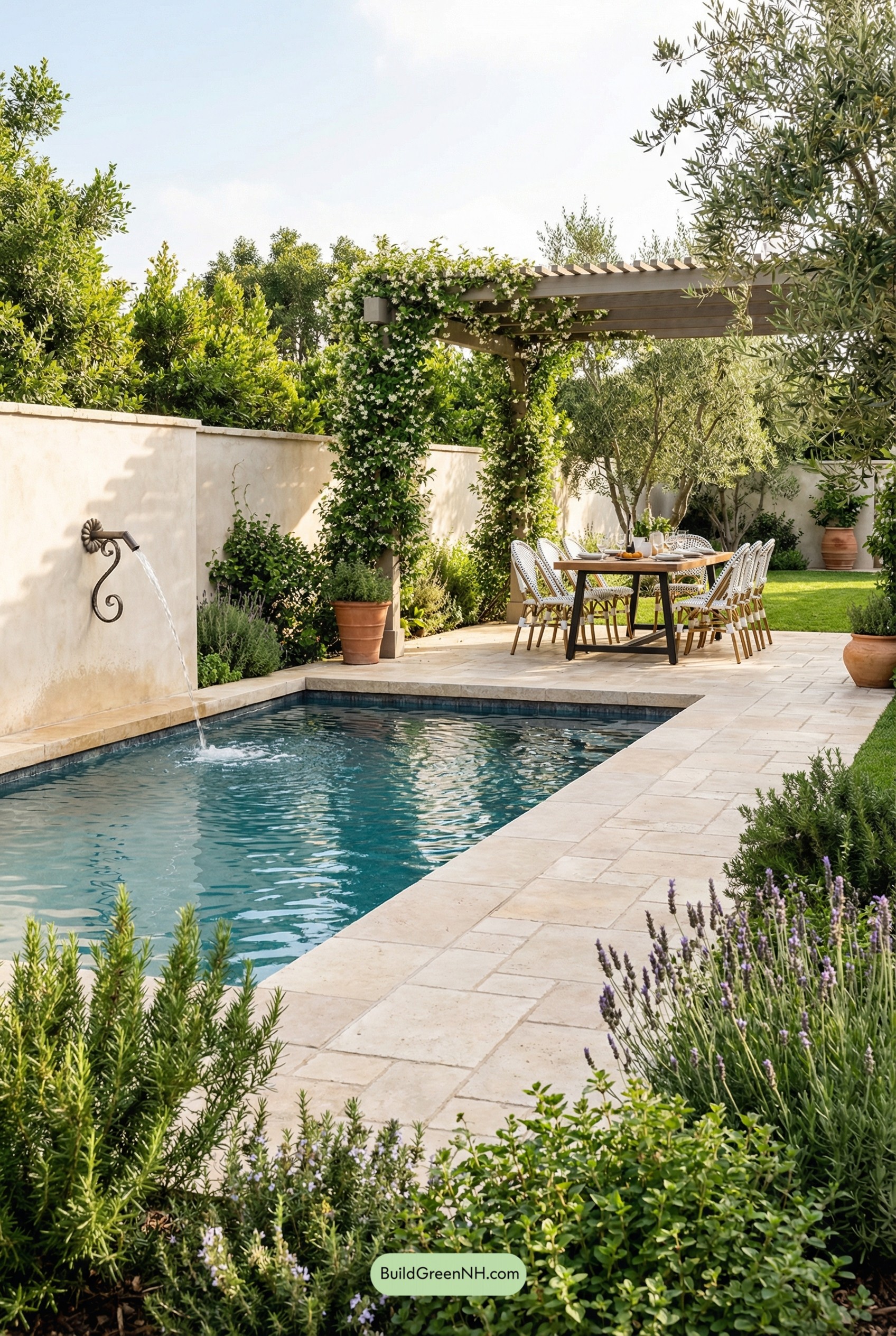 Mediterranean-Modern Pool With Herb Borders