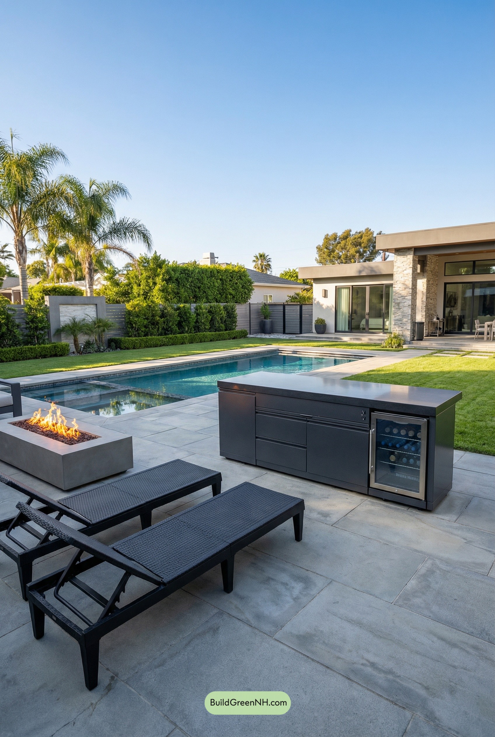 Sleek Poolside Kitchen, Fire, and Chill