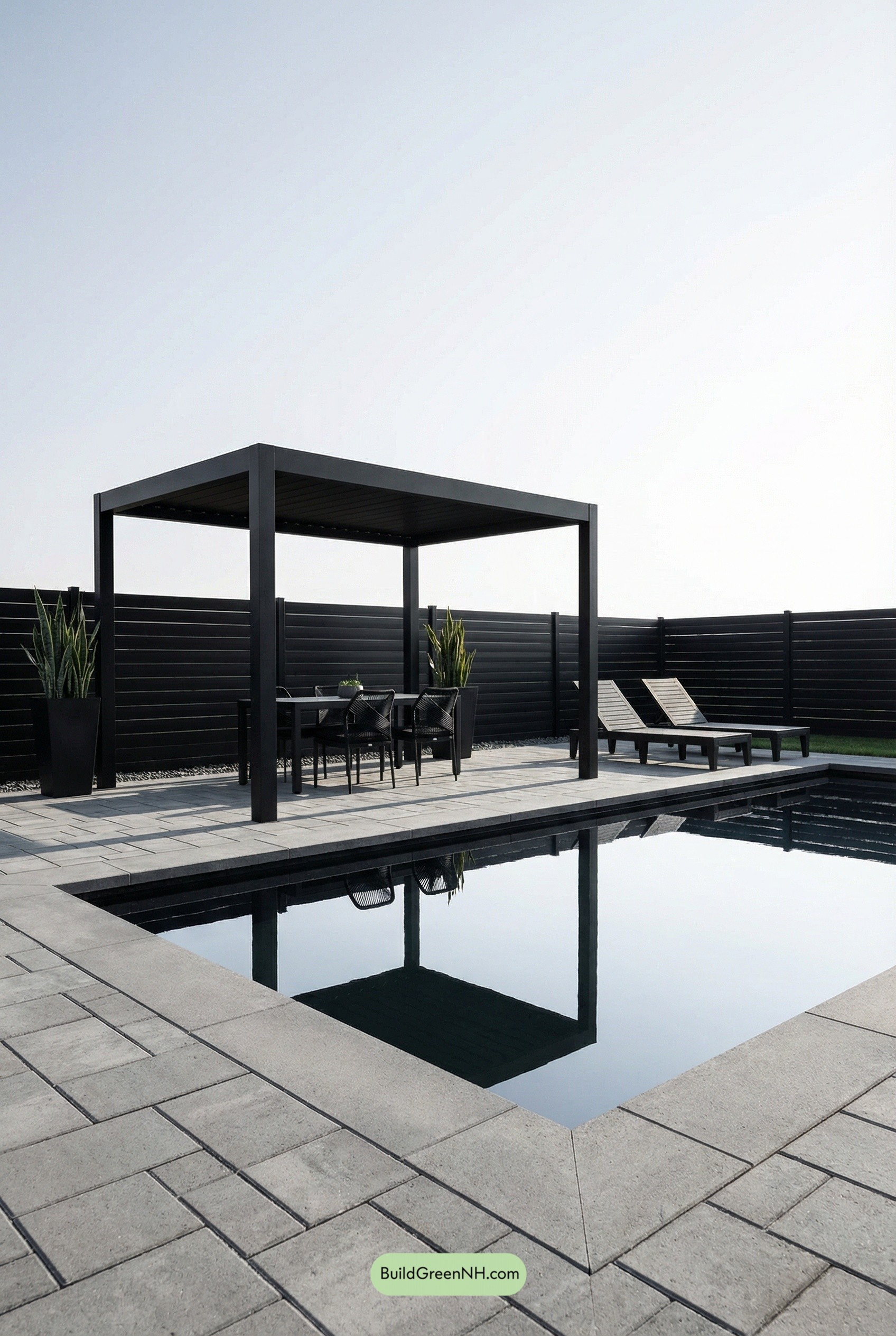 Monochrome Pool Patio with Black Pergola