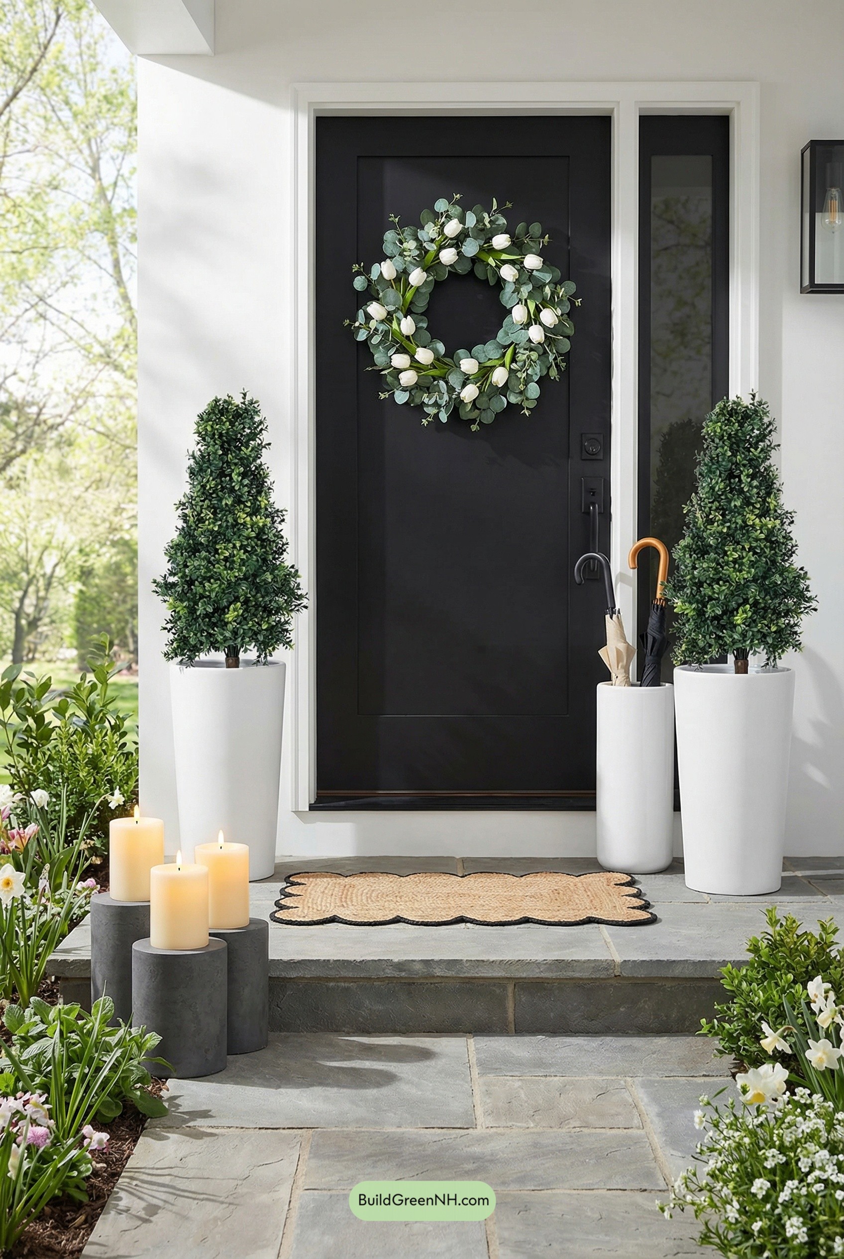 Matte Black Door, Fresh Spring Wreath