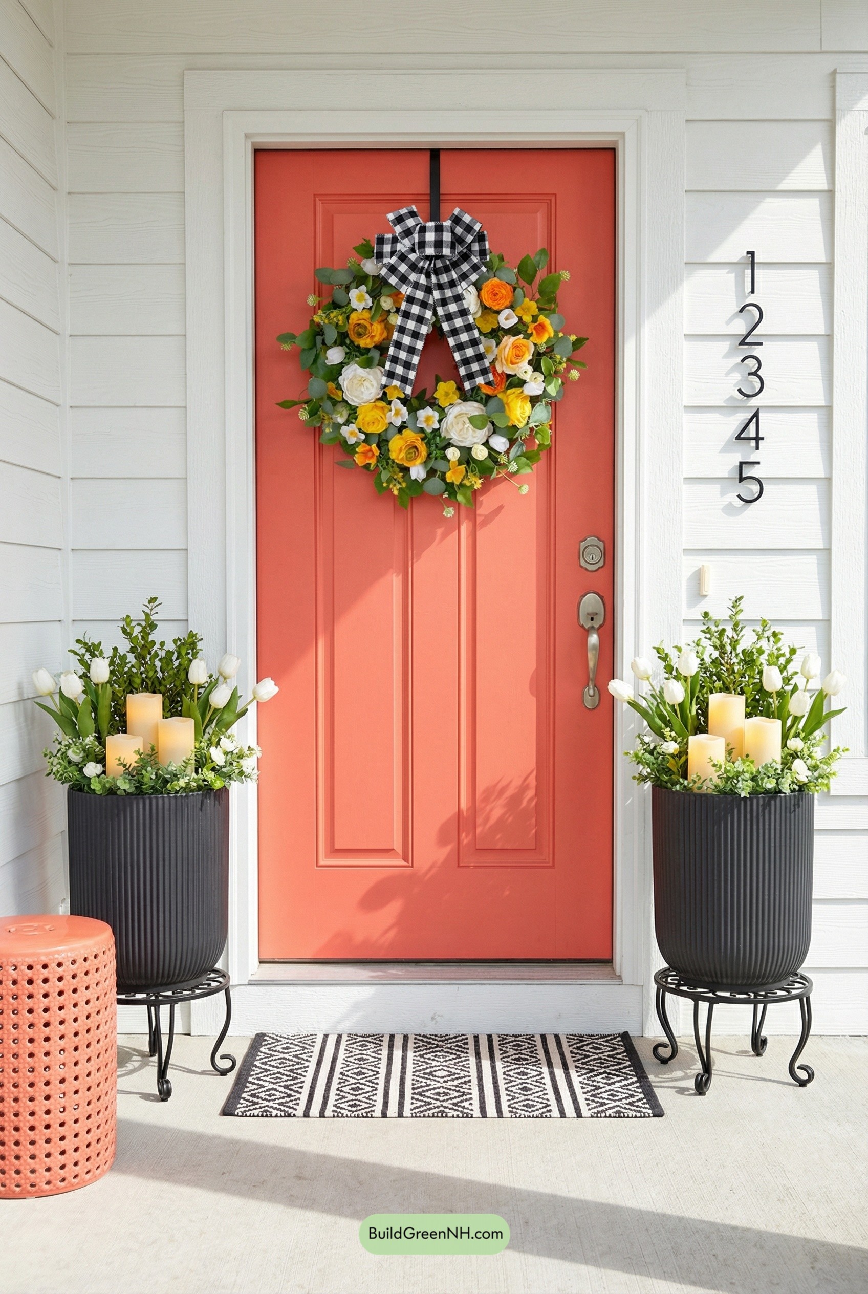 Coral Door with Bold Spring Wreath