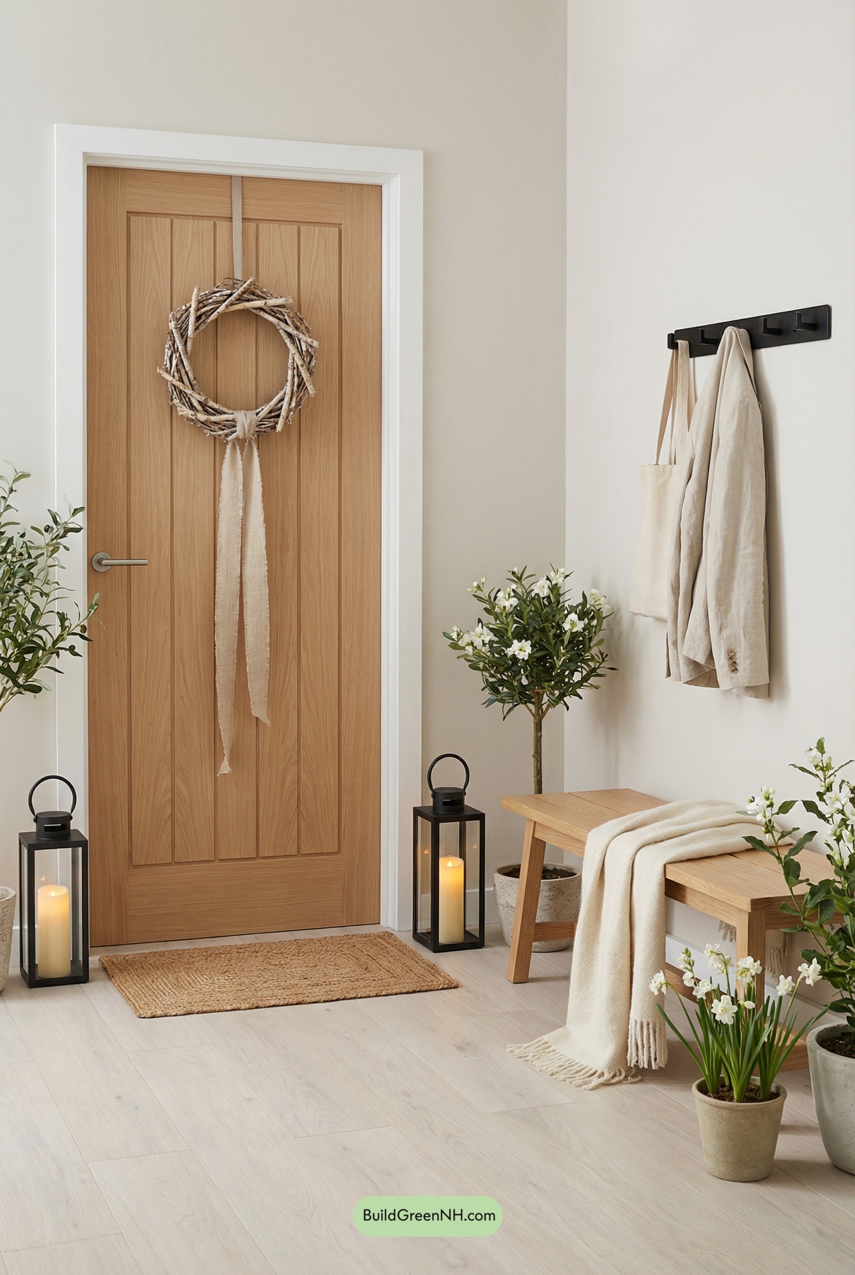 Birch Wreath Calm on Pale Wood Door