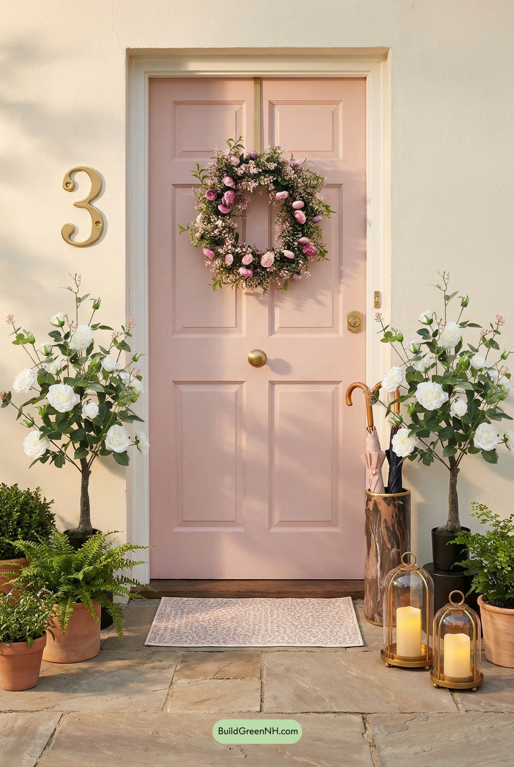 Blush Door, Rose Wreath, Golden Glow