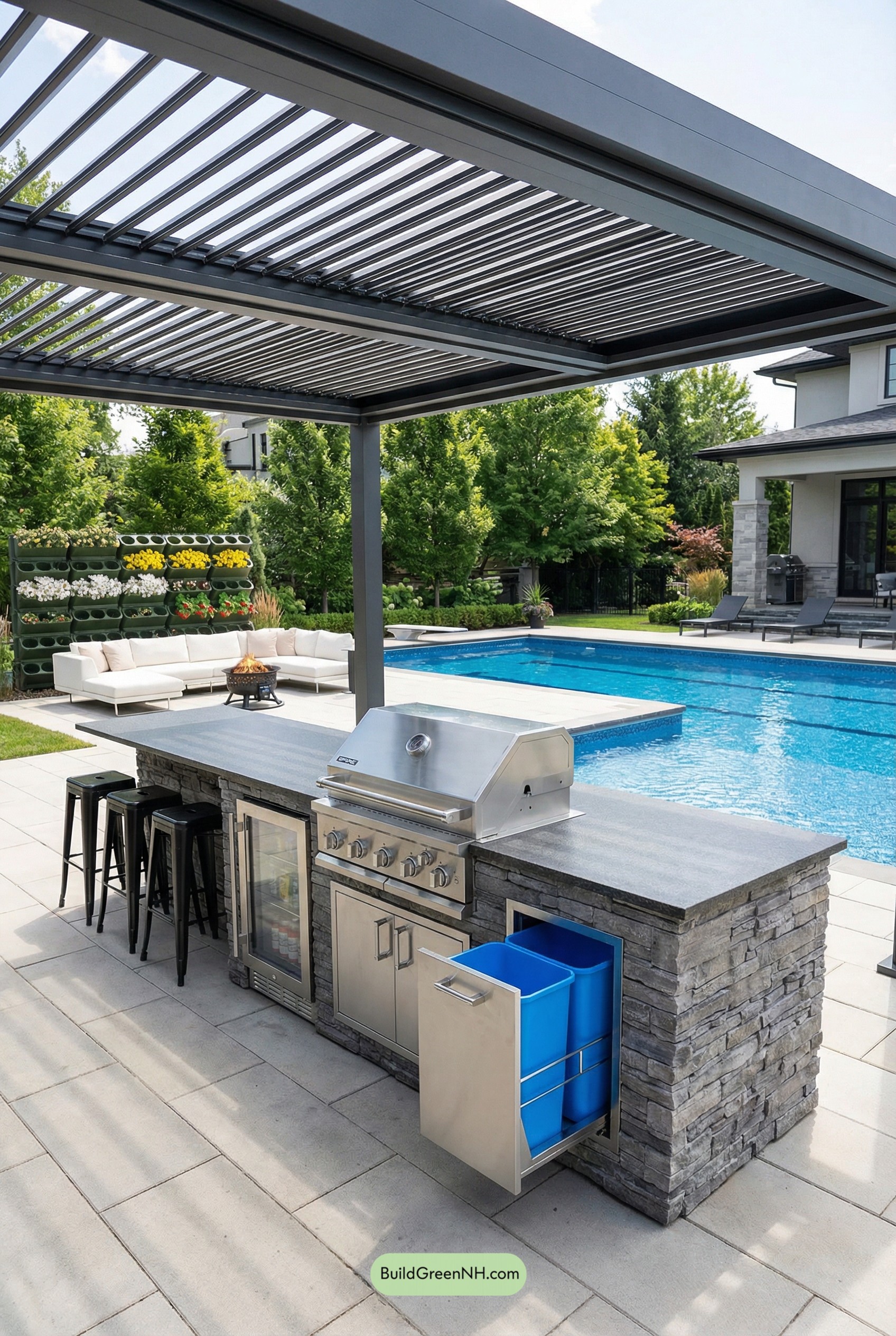 Linear Poolside Outdoor Kitchen Under Pergola