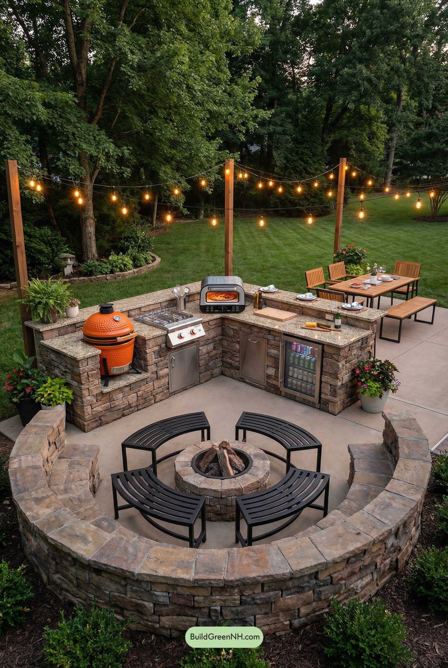 Stone U-Kitchen with Sunken Fire Pit