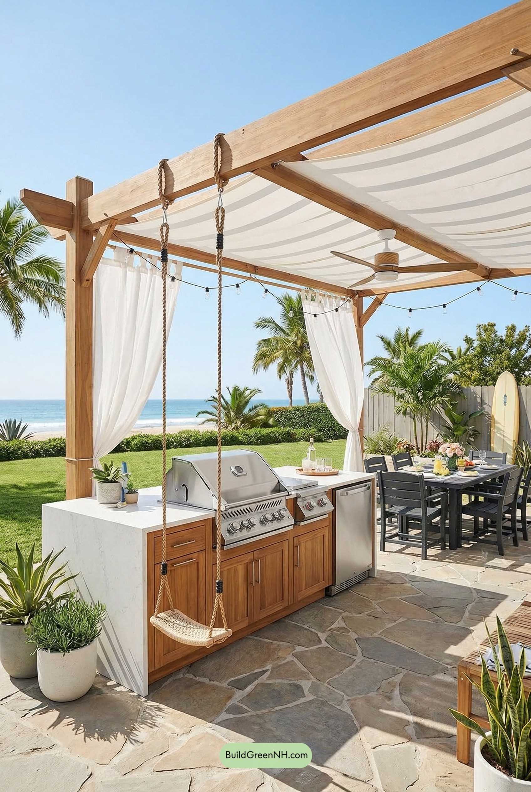Swing-Seat Coastal Outdoor Kitchen Escape
