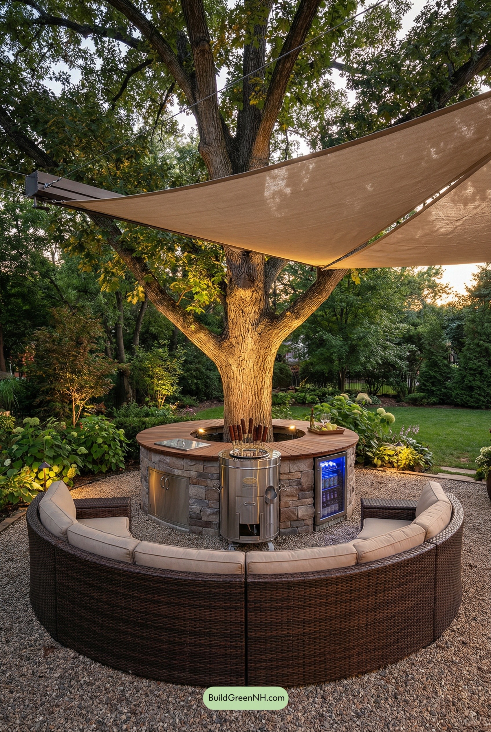 Tree-Centered Ring Kitchen With Wraparound Seating